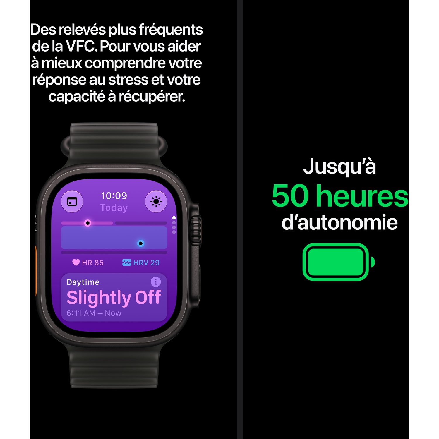 Montre connectée affichant les données VFC et texte sur 50 heures d'autonomie sur fond noir.
