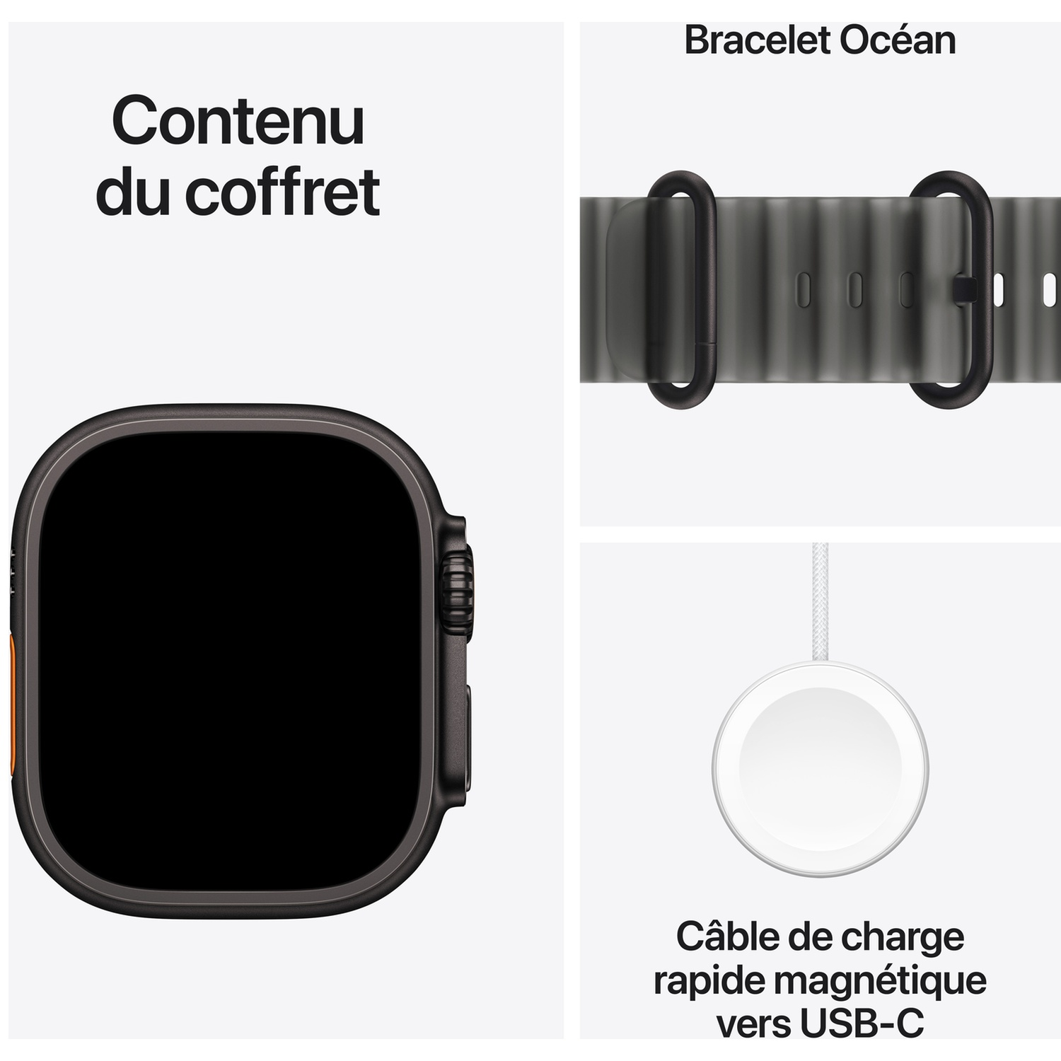 Contenu du coffret avec montre noire, bracelet Océan et câble de charge USB-C.