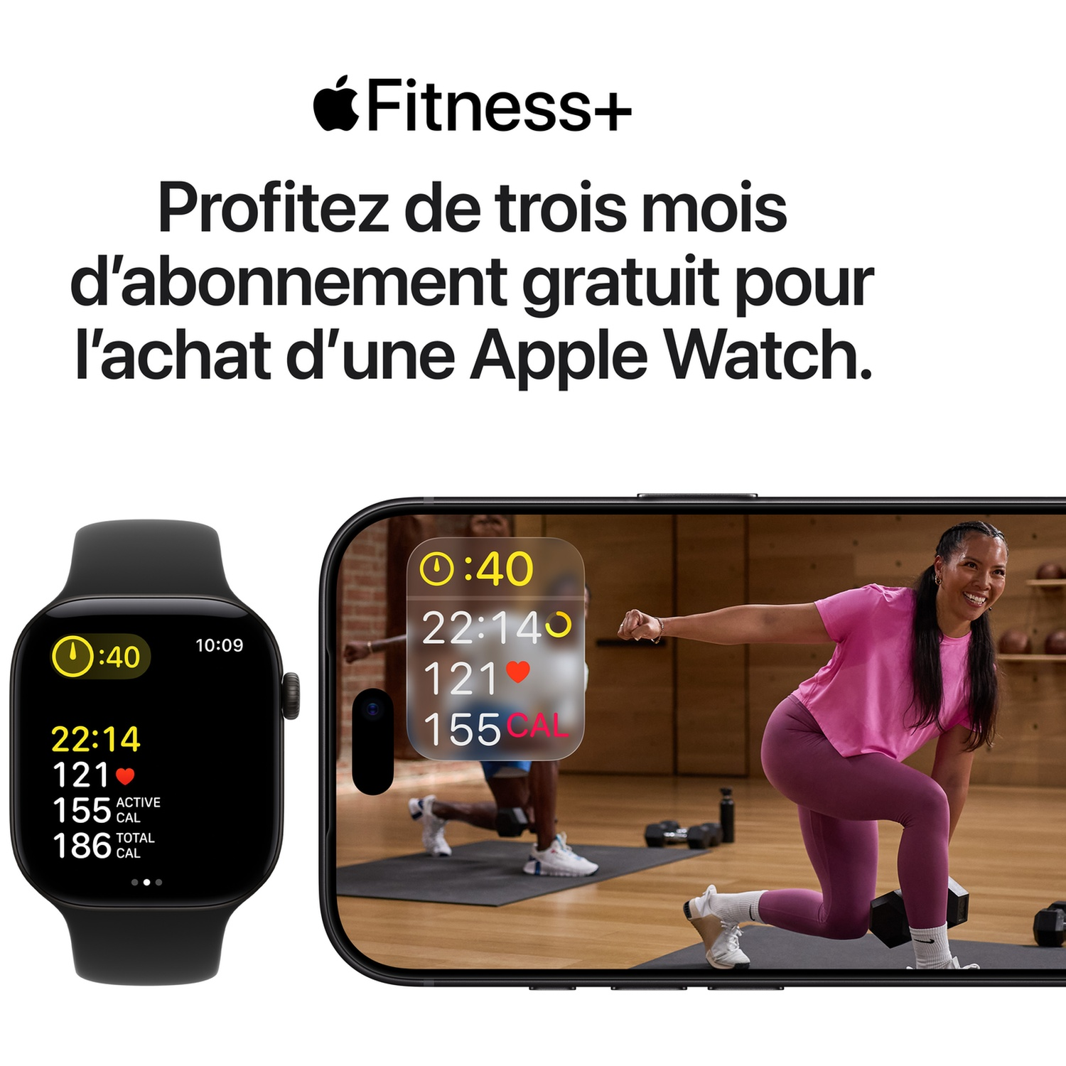 Promo Apple Fitness+ montrant une Apple Watch avec des métriques à côté d'un iPhone en exercice.