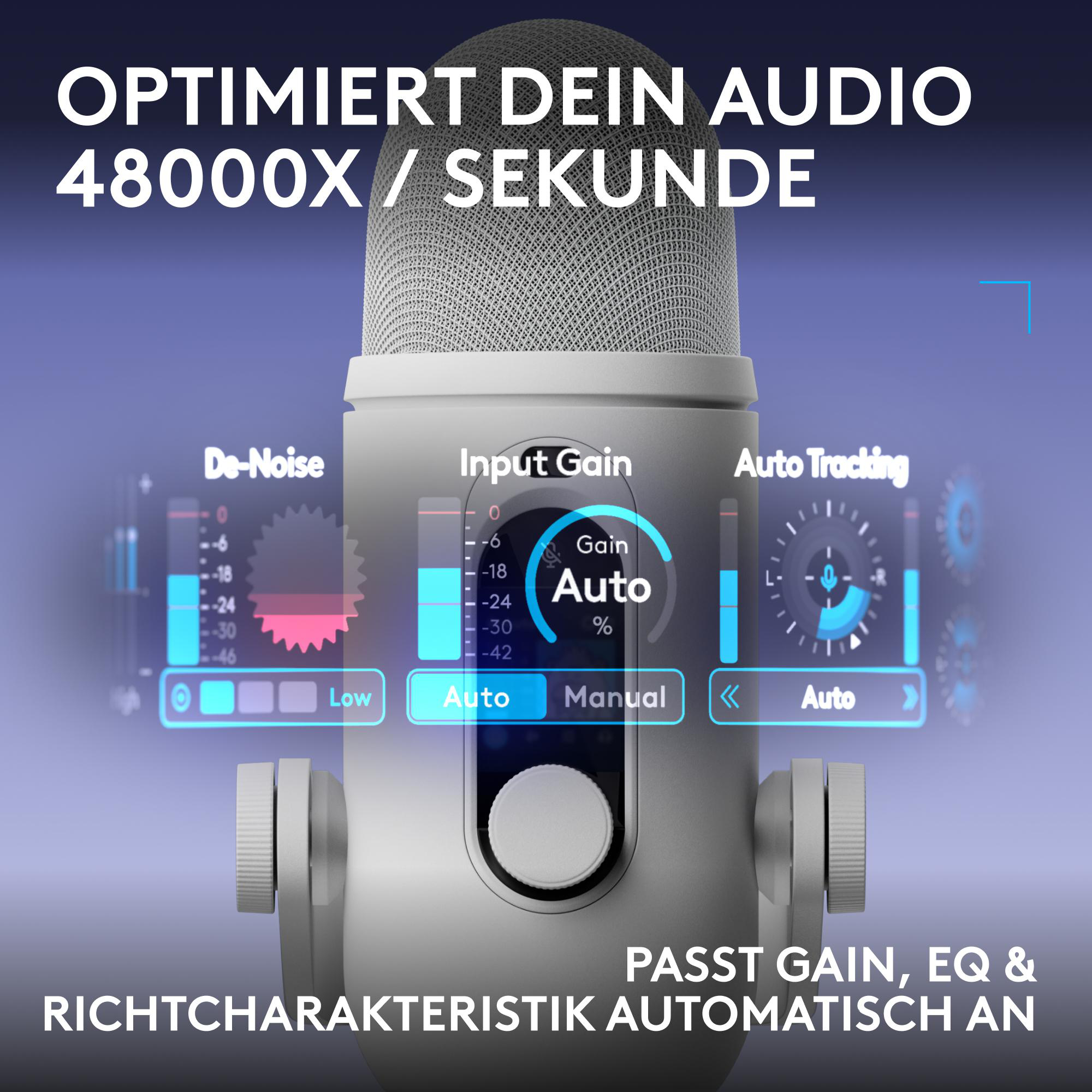 Silbernes USB-Mikrofon mit digitalen Bedienelementen für De-Noise, Input Gain und Auto Tracking vor blauem Hintergrund.