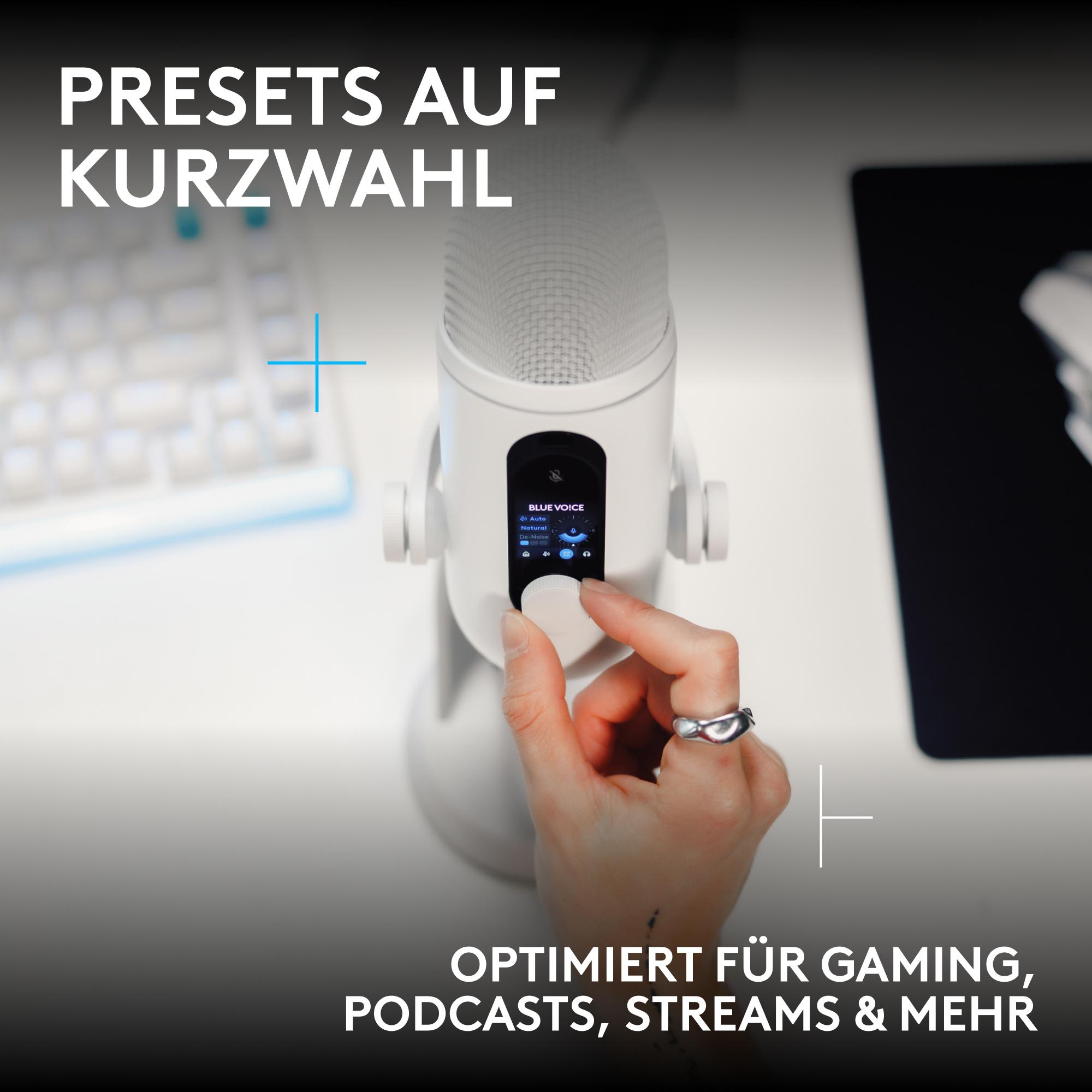 Eine Hand stellt die Lautstärke eines weißen Mikrofons mit Display ein, im Hintergrund eine Tastatur und Maus.