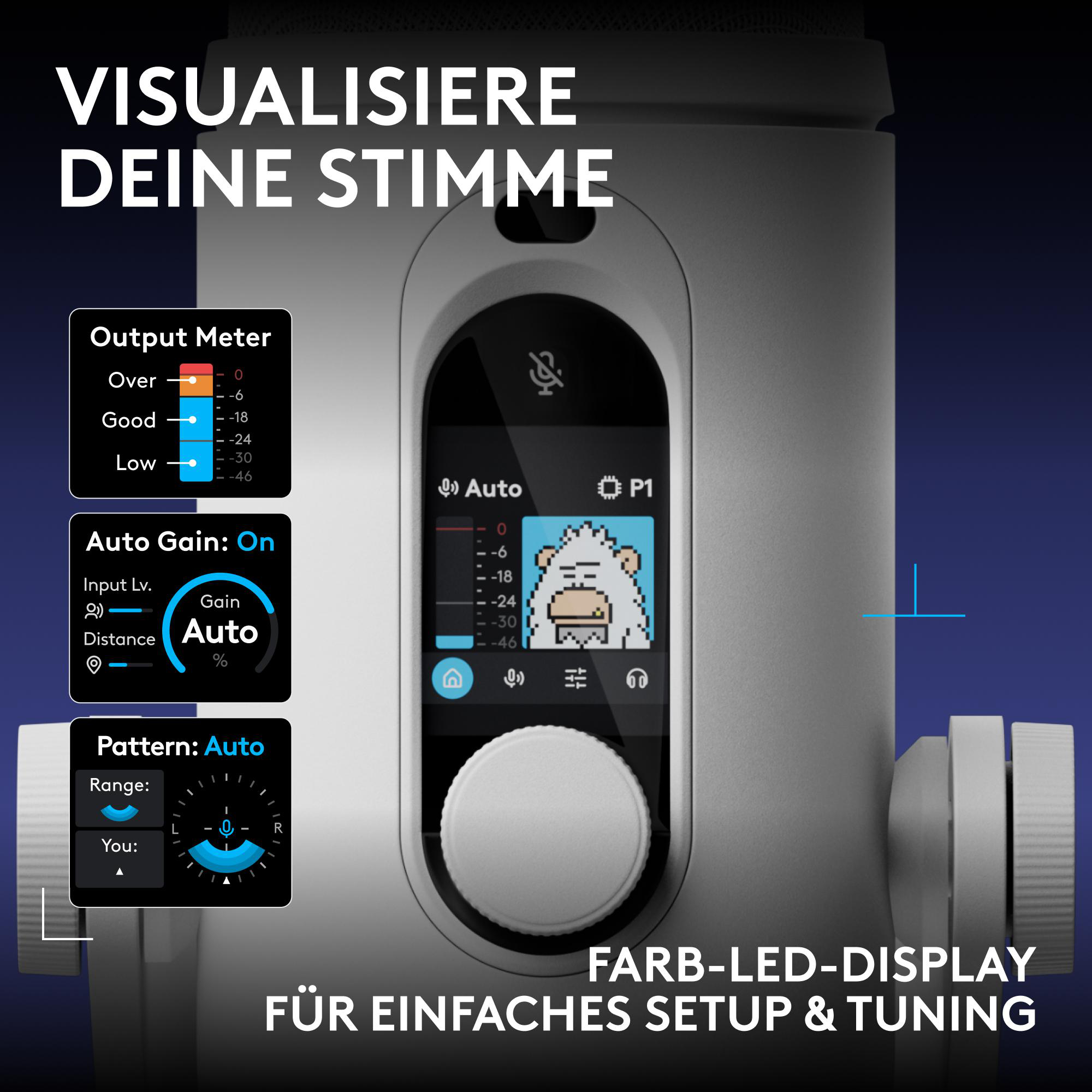 Mikrofon mit Farb-LED-Display, Funktionsgrafiken und deutscher Textüberlagerung.