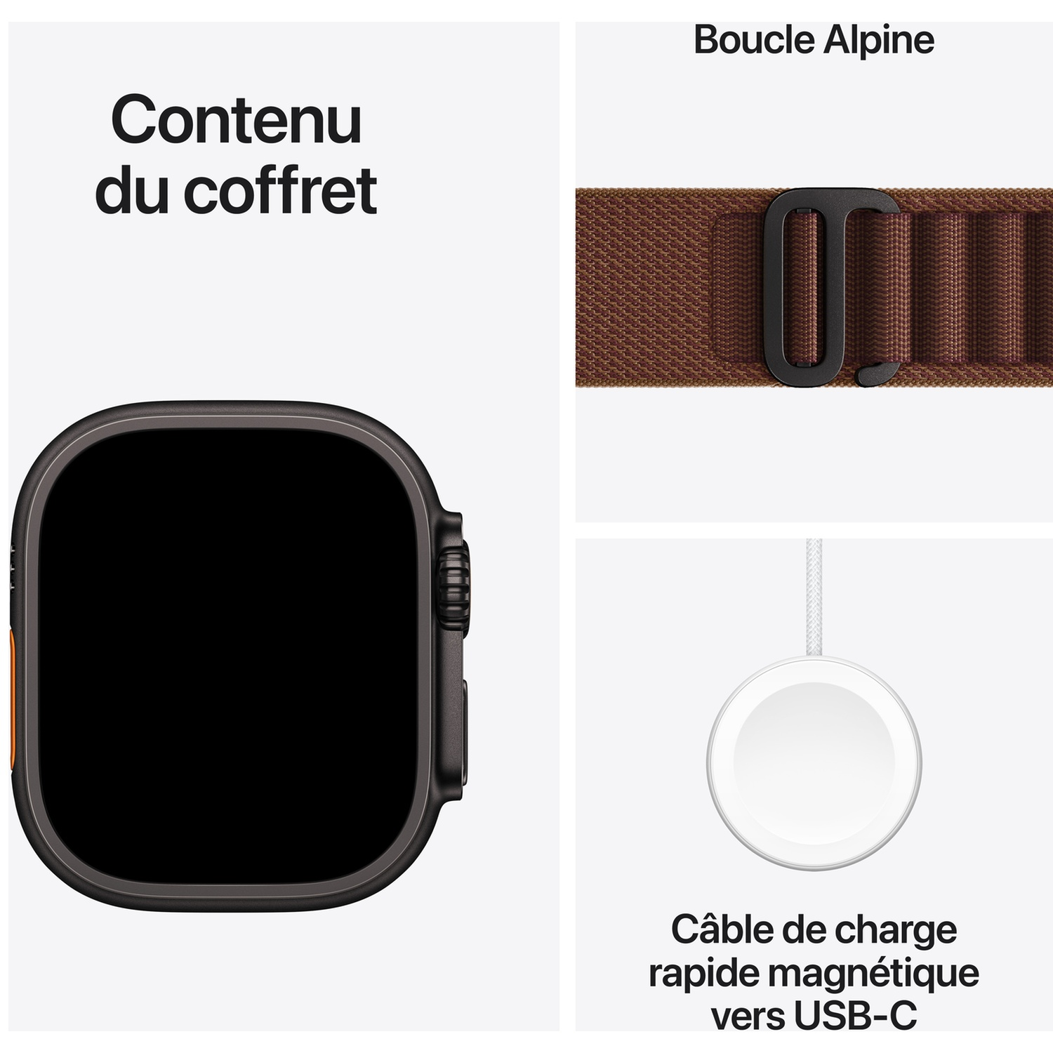 Contenu du coffret avec une montre connectée, un bracelet Boucle Alpine marron et un câble de charge USB-C.