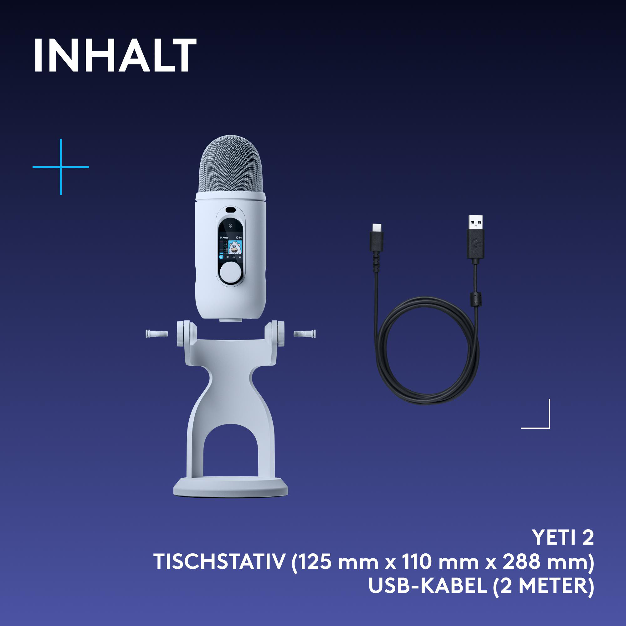 Weißes Yeti 2 Mikrofon mit Ständer und ein schwarzes USB-Kabel auf blauem Hintergrund.