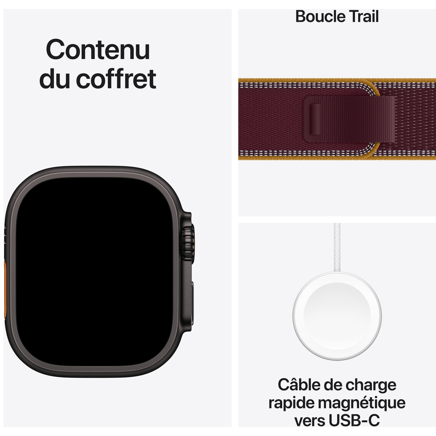 Contenu du coffret avec montre noire, bracelet Boucle Trail rouge foncé et câble de charge rapide USB-C.