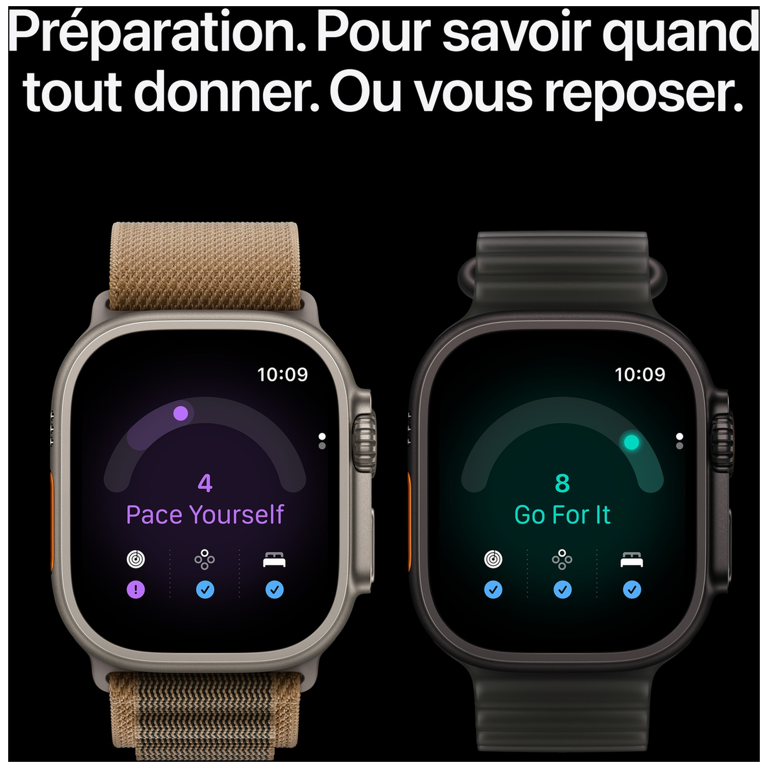 Deux montres connectées affichent des données de suivi de forme avec des barres de progression circulaires sur fond noir.