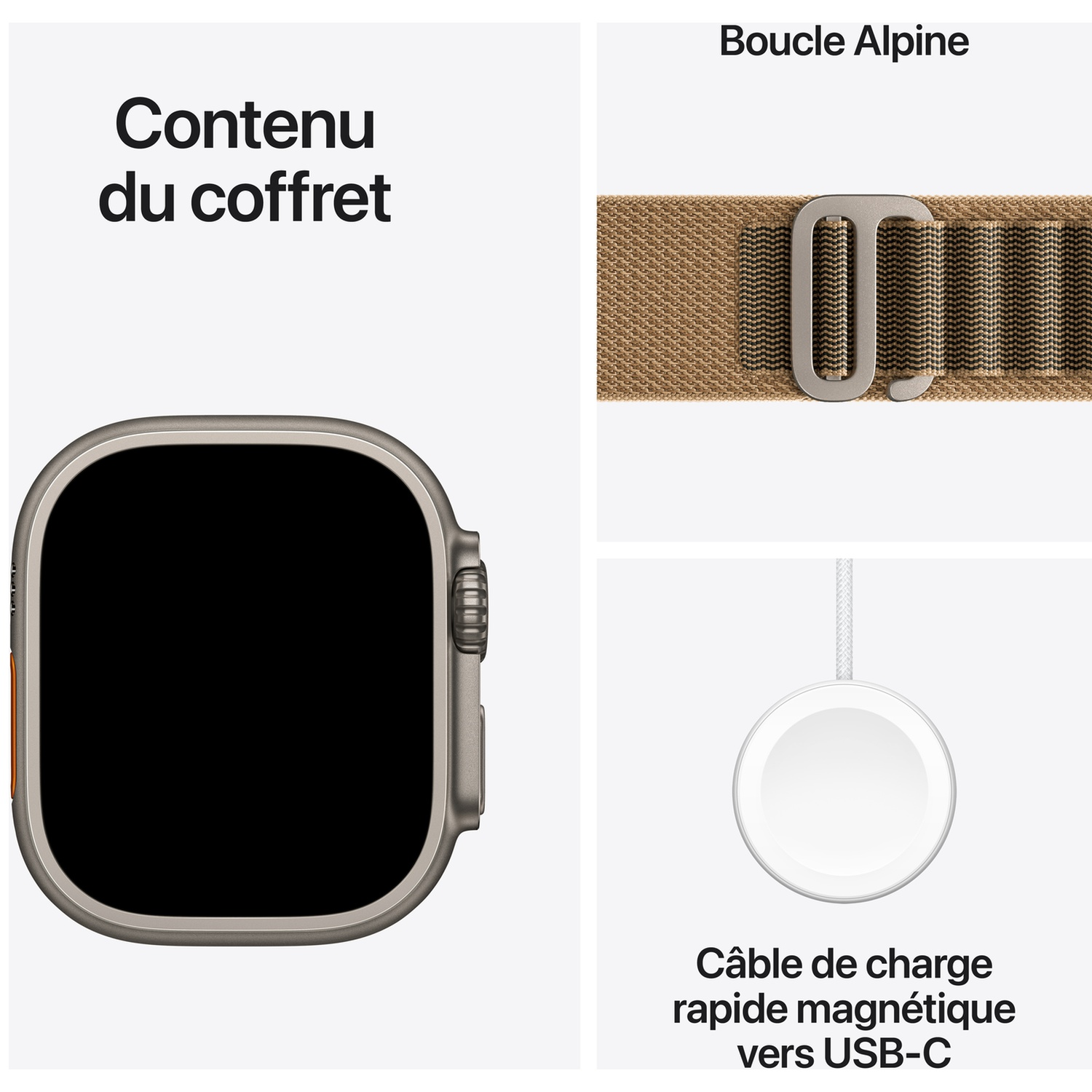 Apple Watch Ultra avec bracelet Boucle Alpine et câble de charge rapide USB-C.