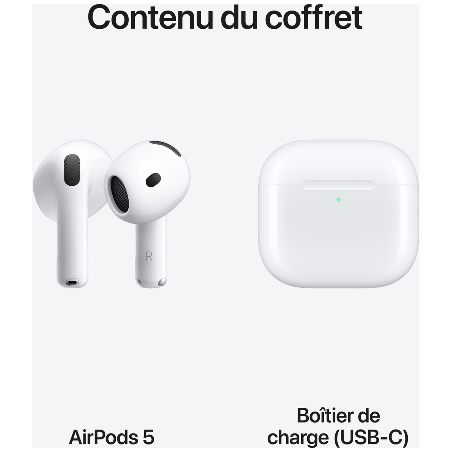 AirPods blancs avec boîtier de charge sur fond blanc avec texte.