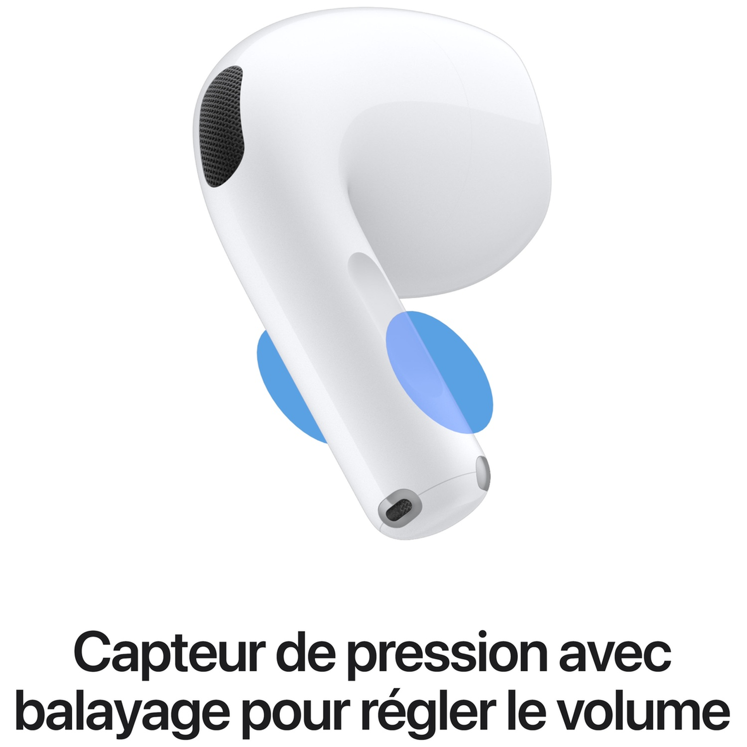 Écouteur blanc avec zones tactiles bleues et texte sur le capteur de pression.