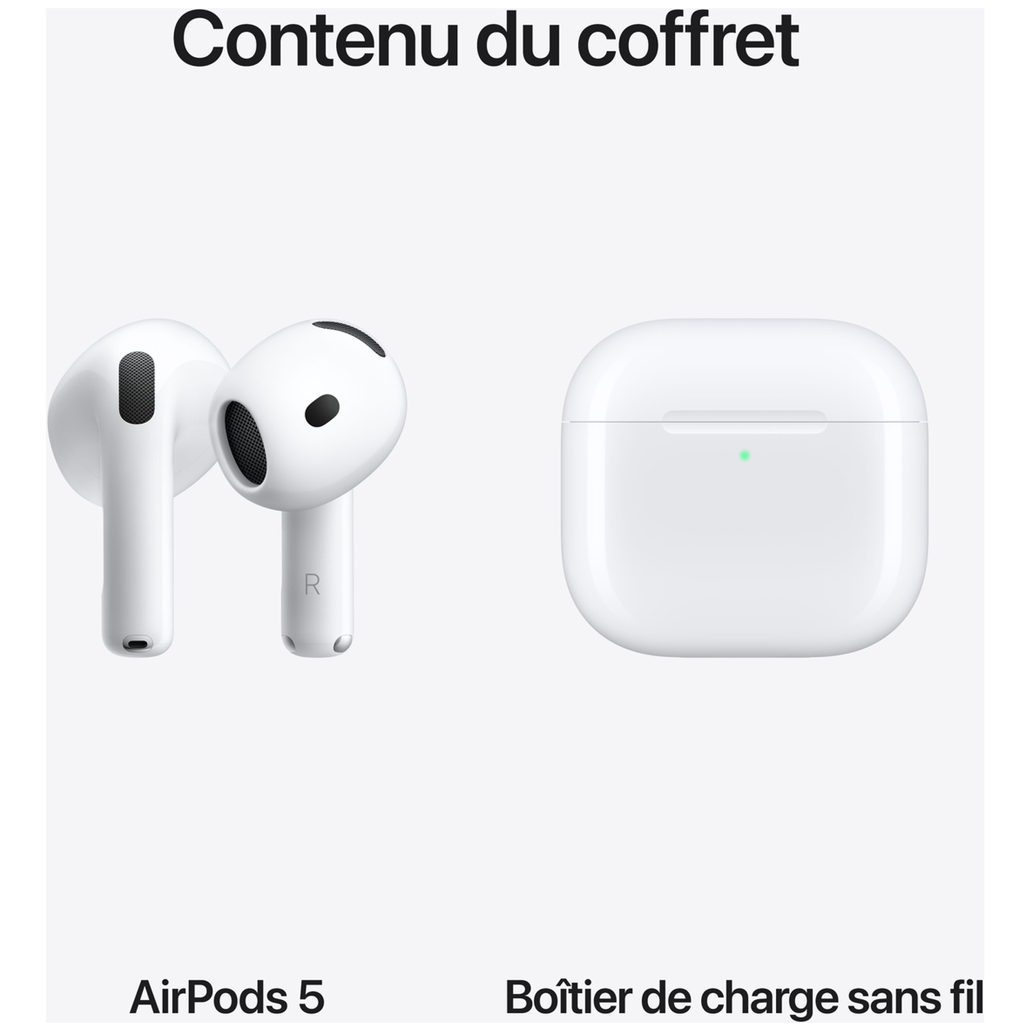 AirPods 3 blancs et un boitier de charge sans fil sur fond blanc avec du texte noir.
