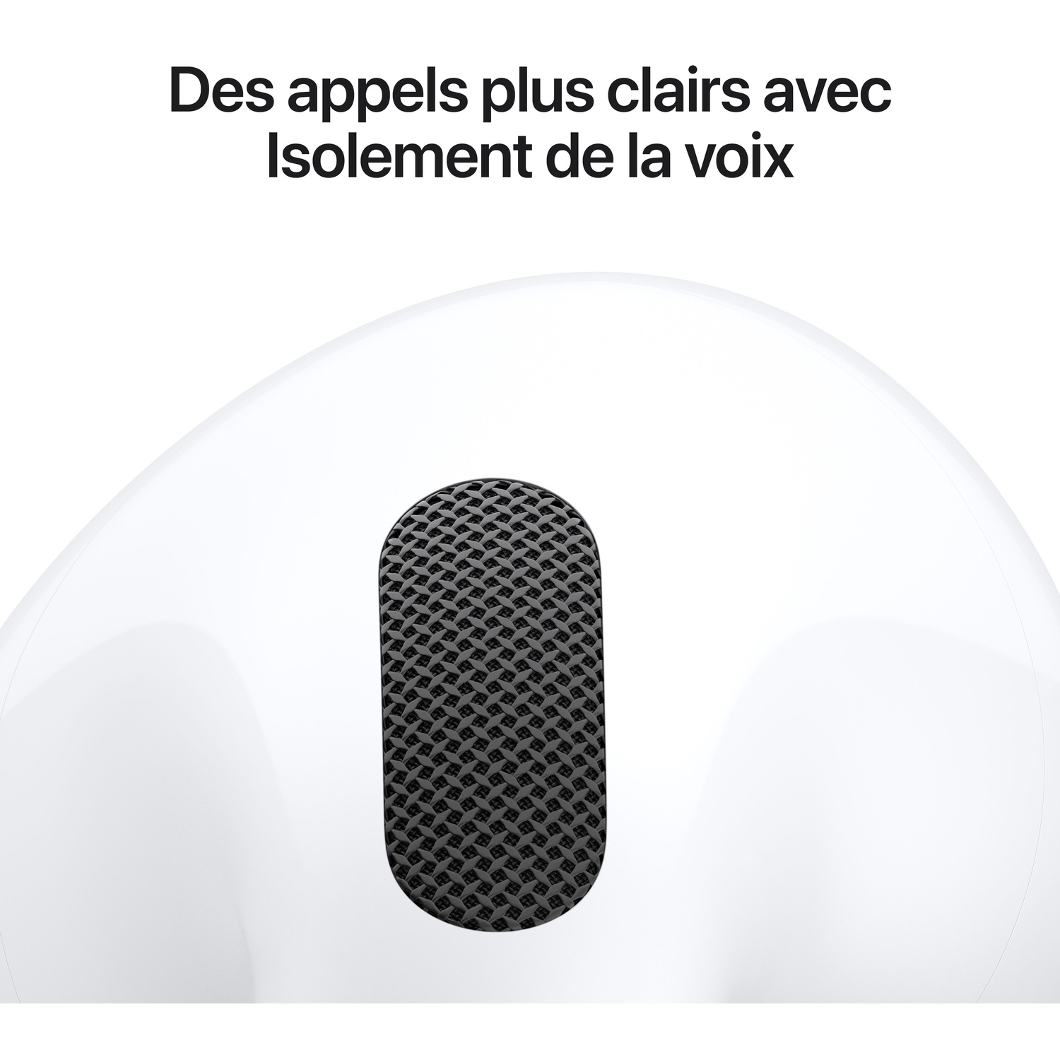 Gros plan sur un microphone à grille noire sur un écouteur blanc avec du texte en français au-dessus.