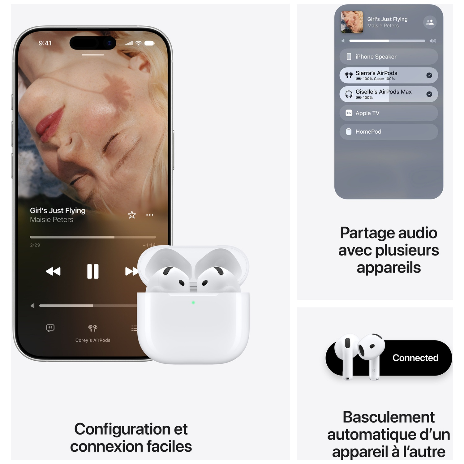 Un iPhone affichant la lecture musicale avec un étui AirPods blanc ouvert devant et des écrans de connexion audio.