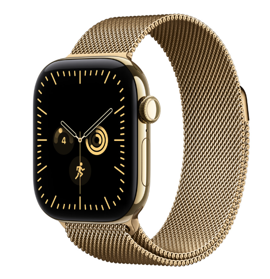 Złoty smartwatch z paskiem z siatki i czarnym wyświetlaczem na białym tle.