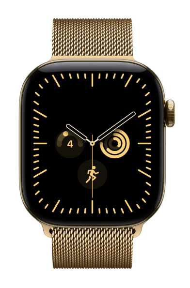 Złoty smartwatch z czarnym wyświetlaczem i złotą bransoletą mediolańską.
