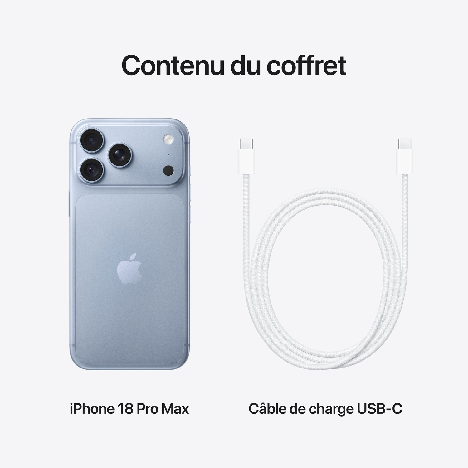 Contenu de la boîte : Un iPhone 18 Pro Max bleu clair et un câble de charge USB-C blanc.
