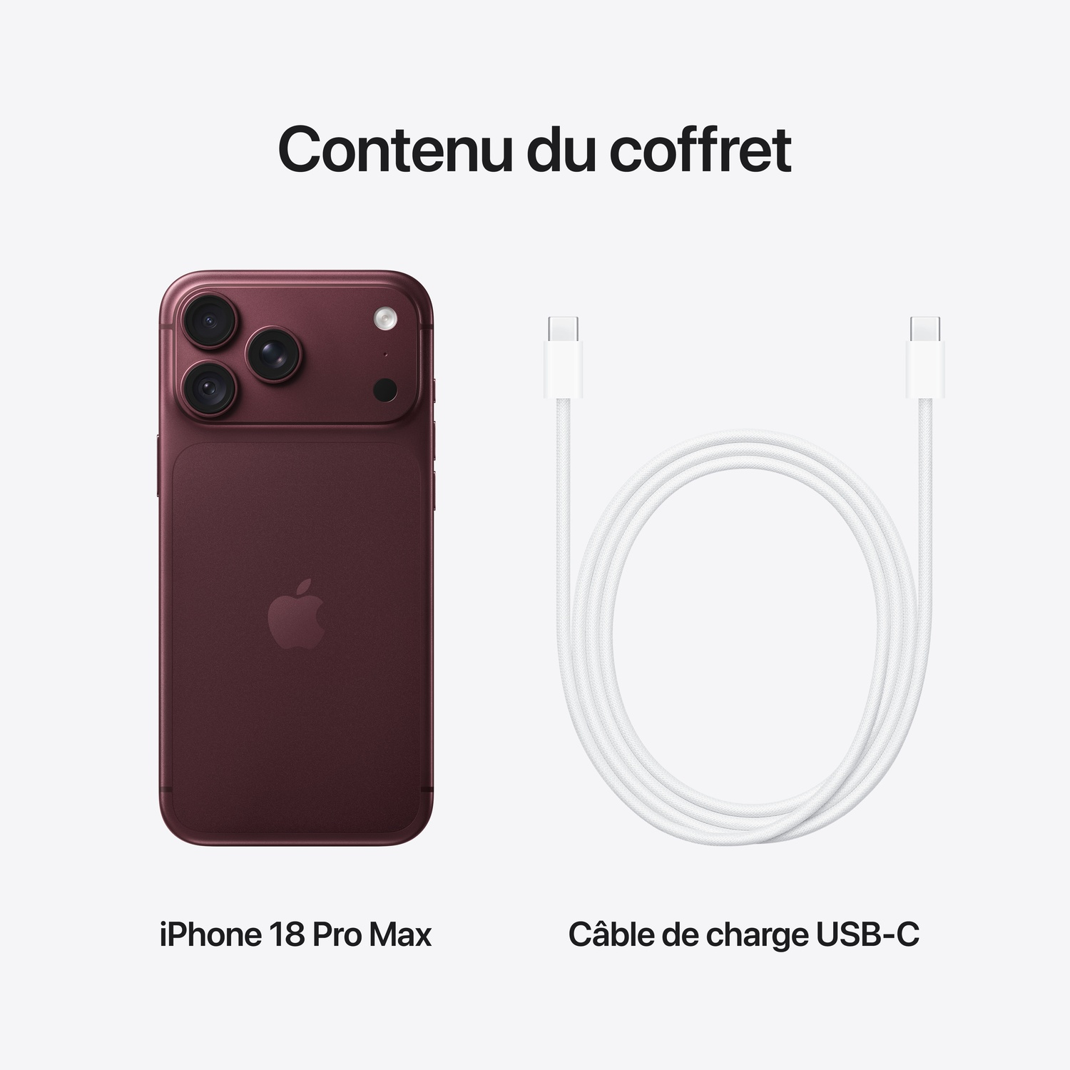 Un smartphone rouge foncé à trois caméras et un câble de charge USB-C blanc sur fond clair.