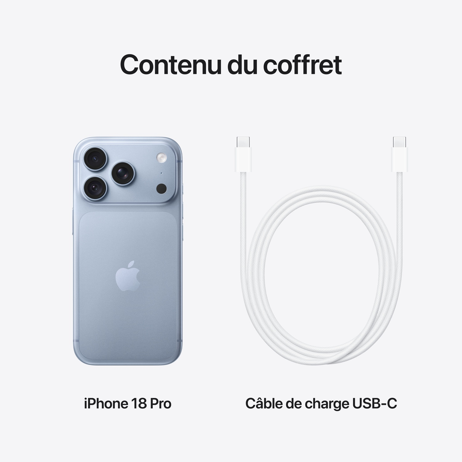 Contenu de la boîte montrant un iPhone 18 Pro bleu et un câble de charge USB-C blanc sur fond clair.