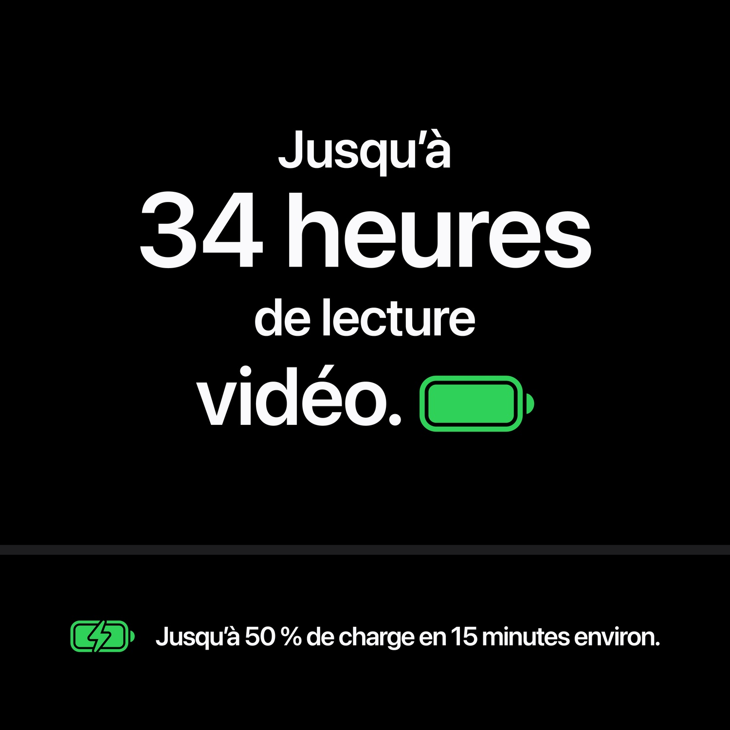 Jusqu'à 34 heures de lecture vidéo et 50 pour cent de charge en 15 minutes.