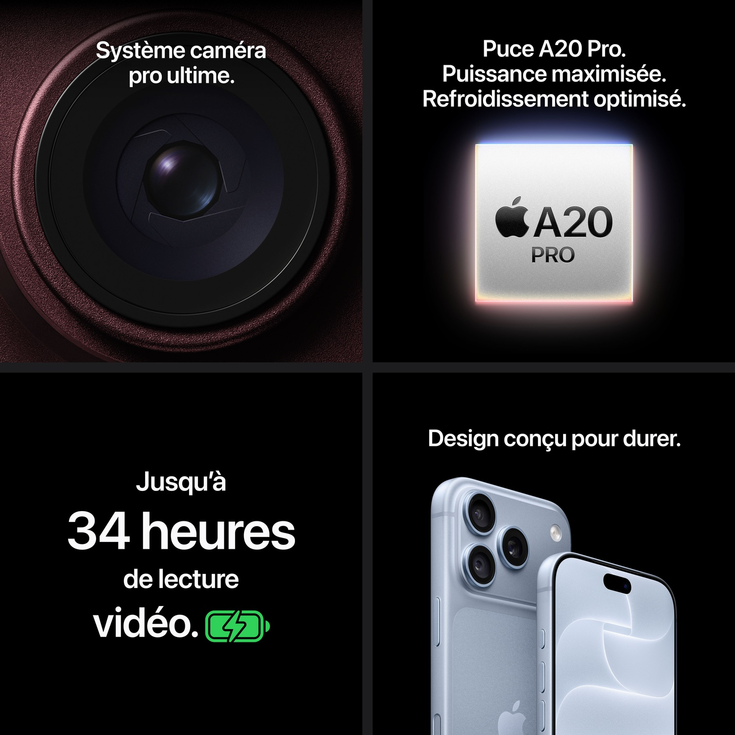 Quatre panneaux montrent un appareil photo, la puce A20 Pro, une autonomie de 34 heures et le design.