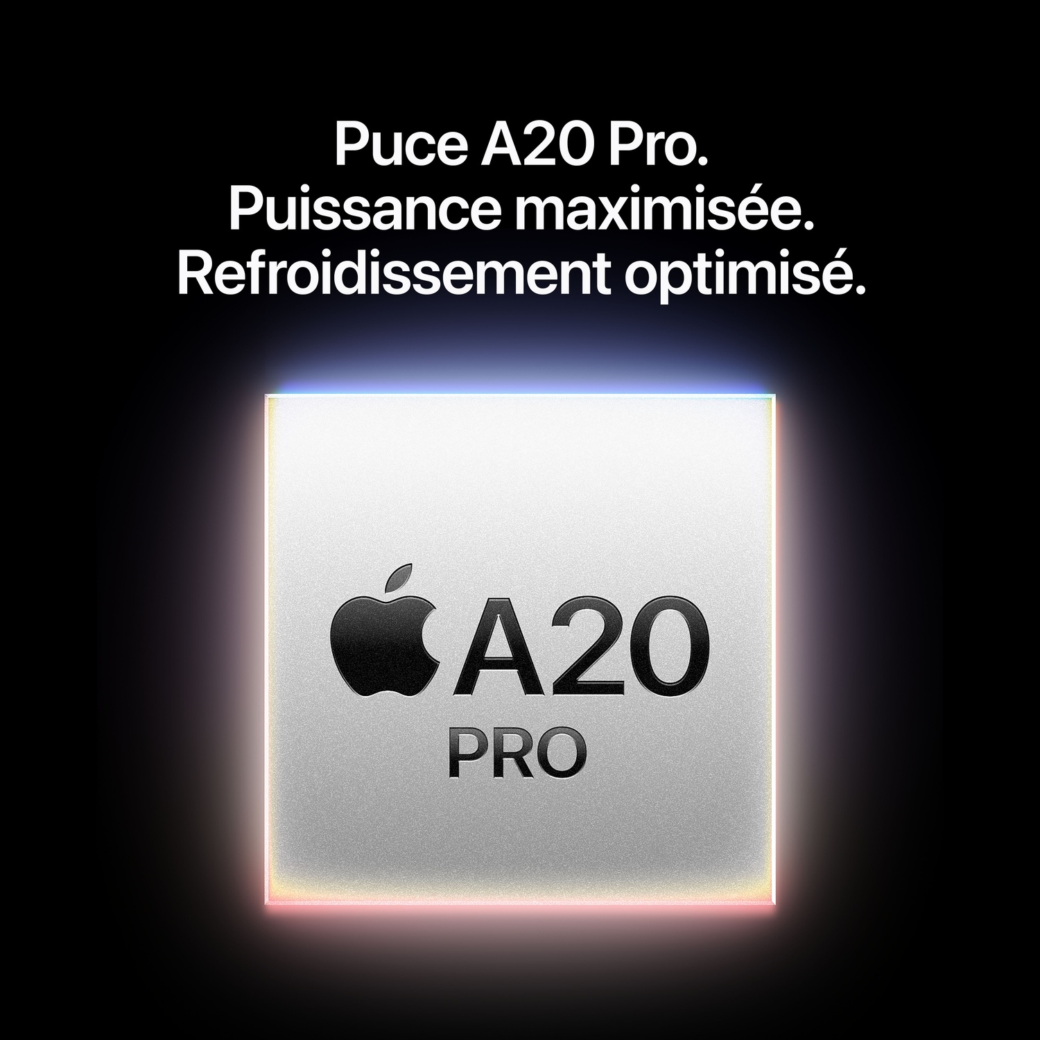 Puce A20 Pro d'Apple sur fond noir avec du texte en français.