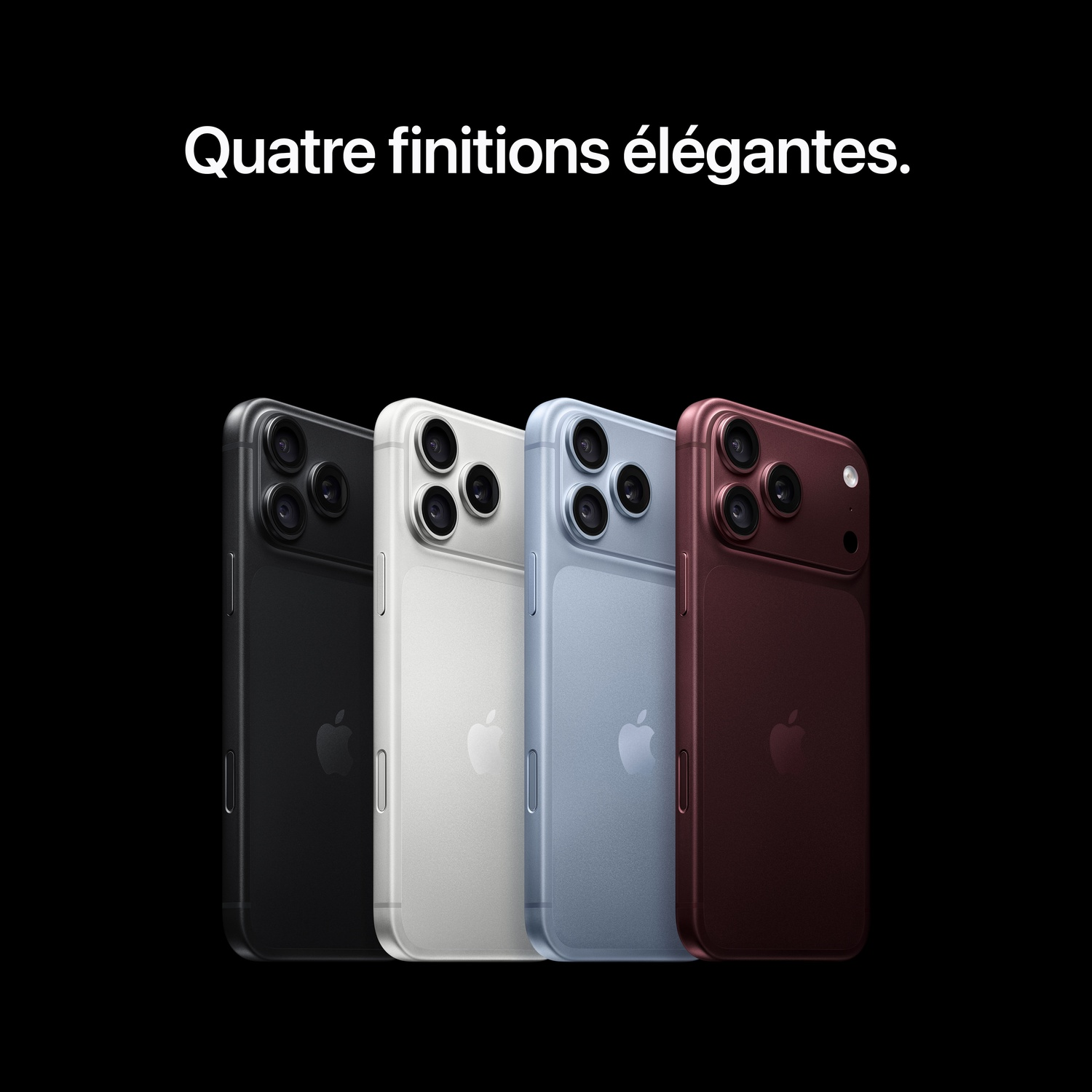 Quatre smartphones noirs, blancs, bleus et rouge foncé avec triple capteur photo sur fond noir.
