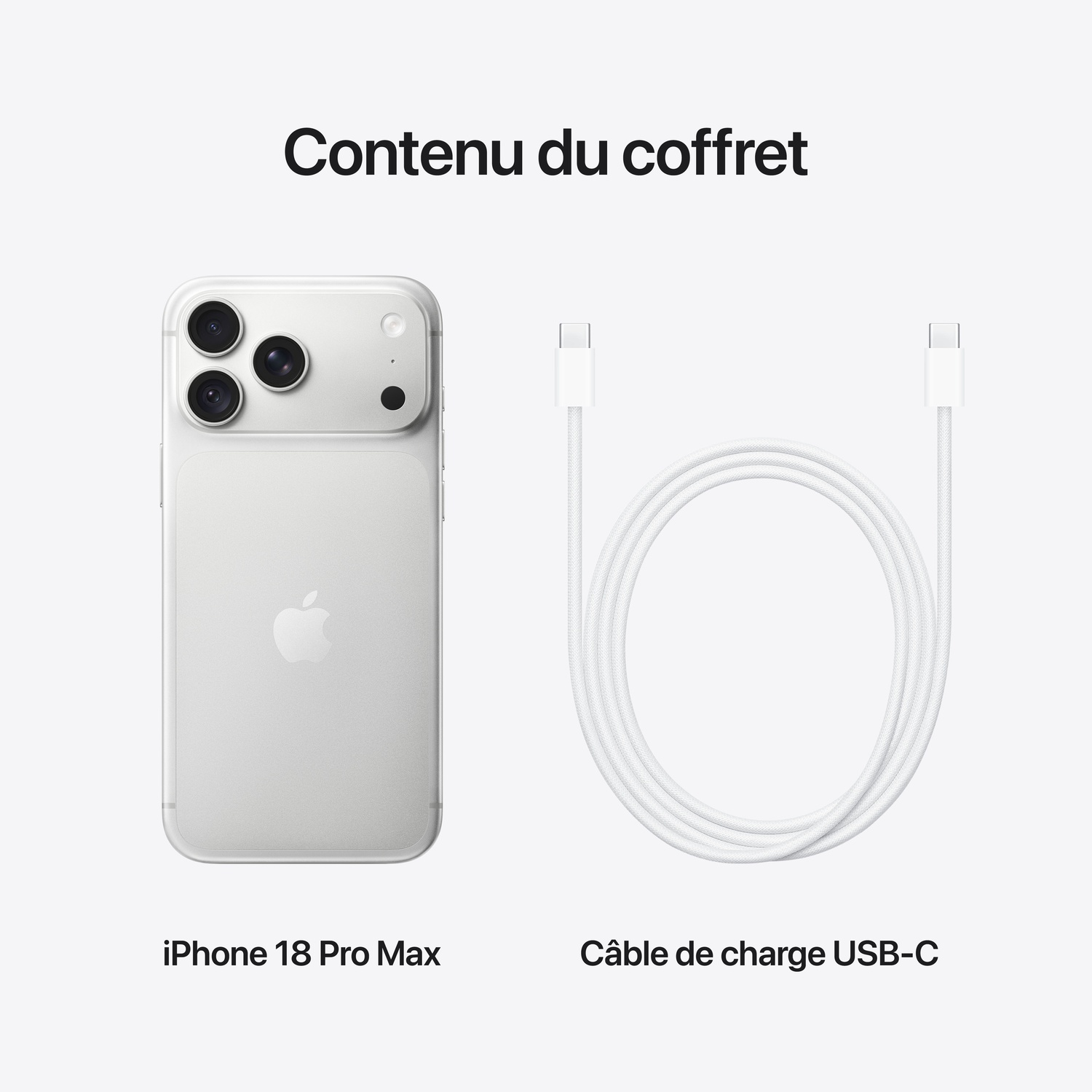 Contenu du coffret avec un iPhone 18 Pro Max blanc et un câble de charge USB-C.