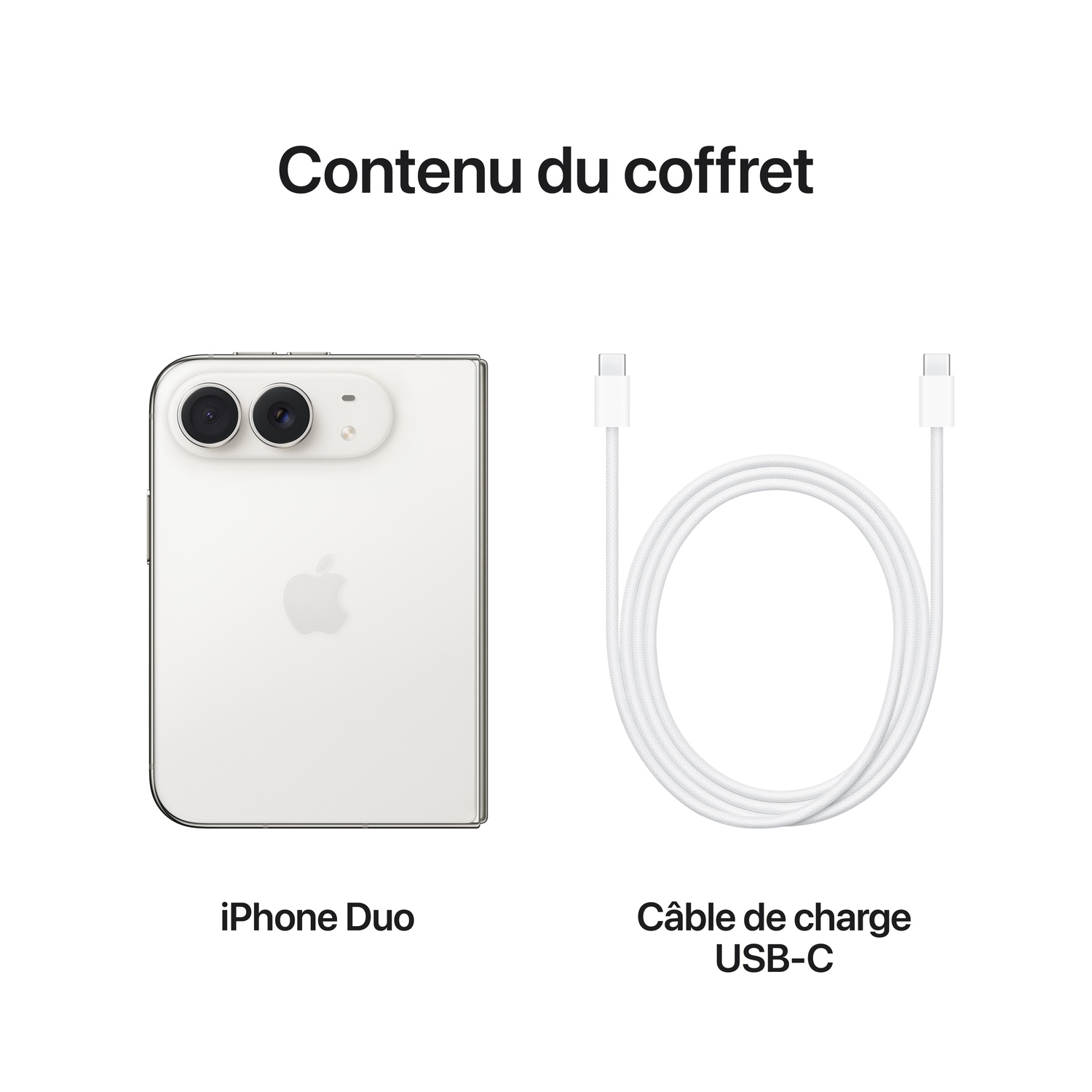 Contenu du coffret avec iPhone Duo et câble de charge USB-C blanc.