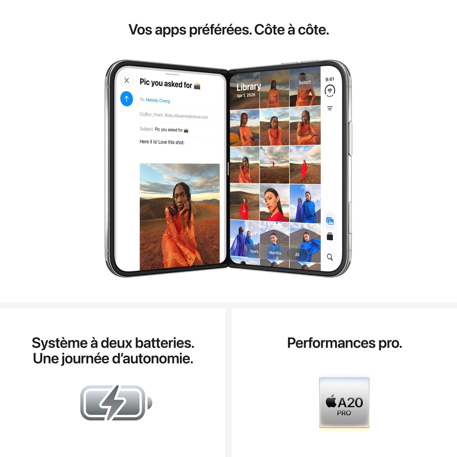 Un smartphone pliable affichant deux applications en écran partagé, une icône de batterie et une puce A20 Pro.