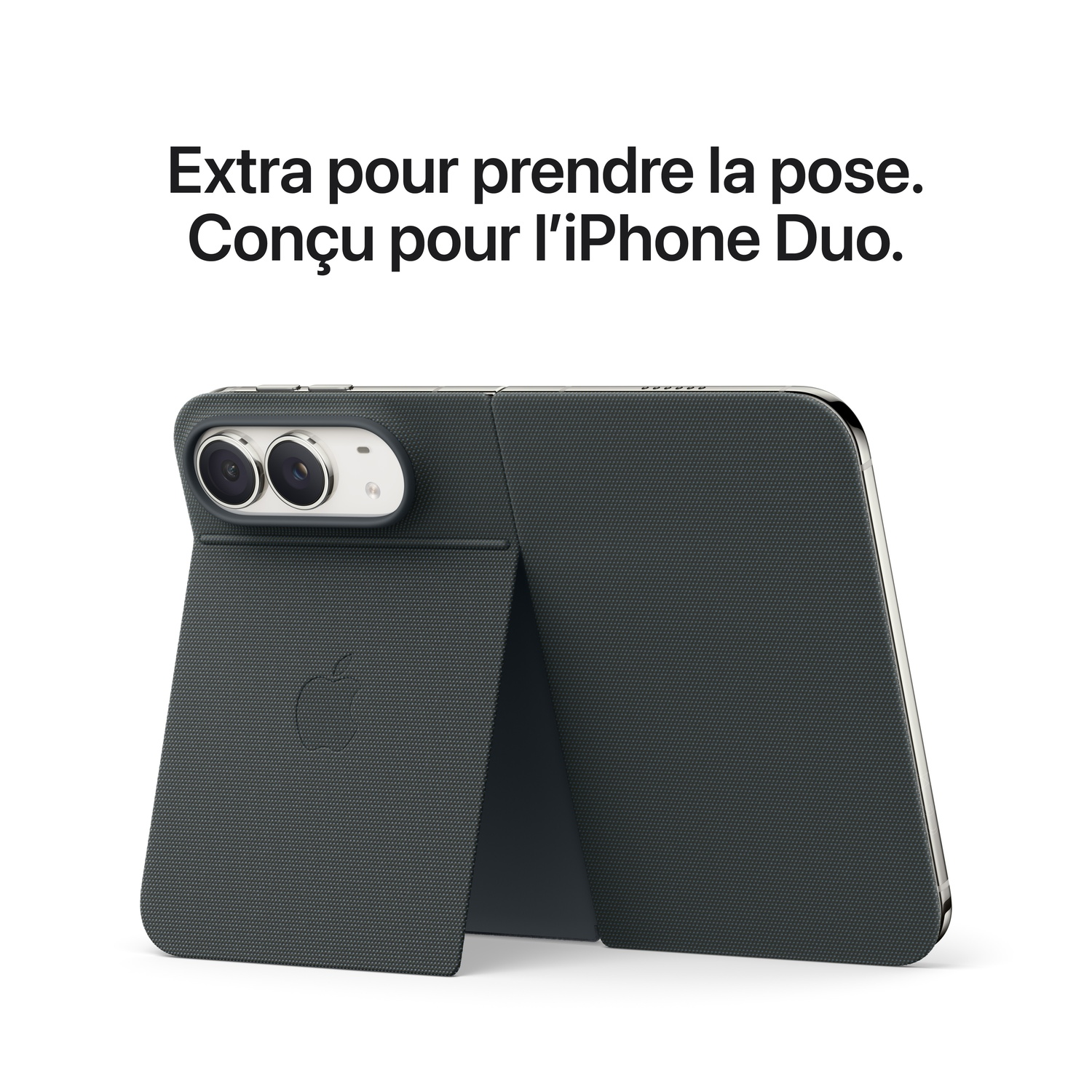 Un iPhone pliable dans une coque de protection noire avec support intégré et du texte en français.