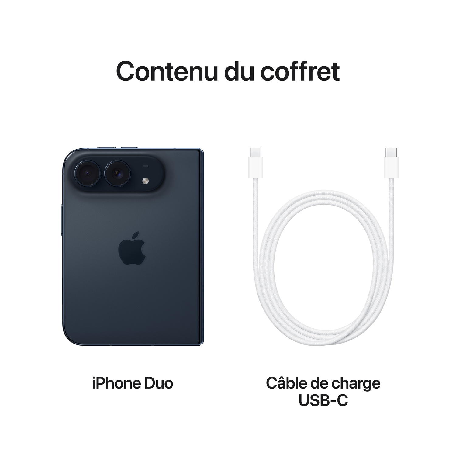 Contenu du coffret avec un iPhone Duo bleu foncé et un câble de charge USB-C blanc.