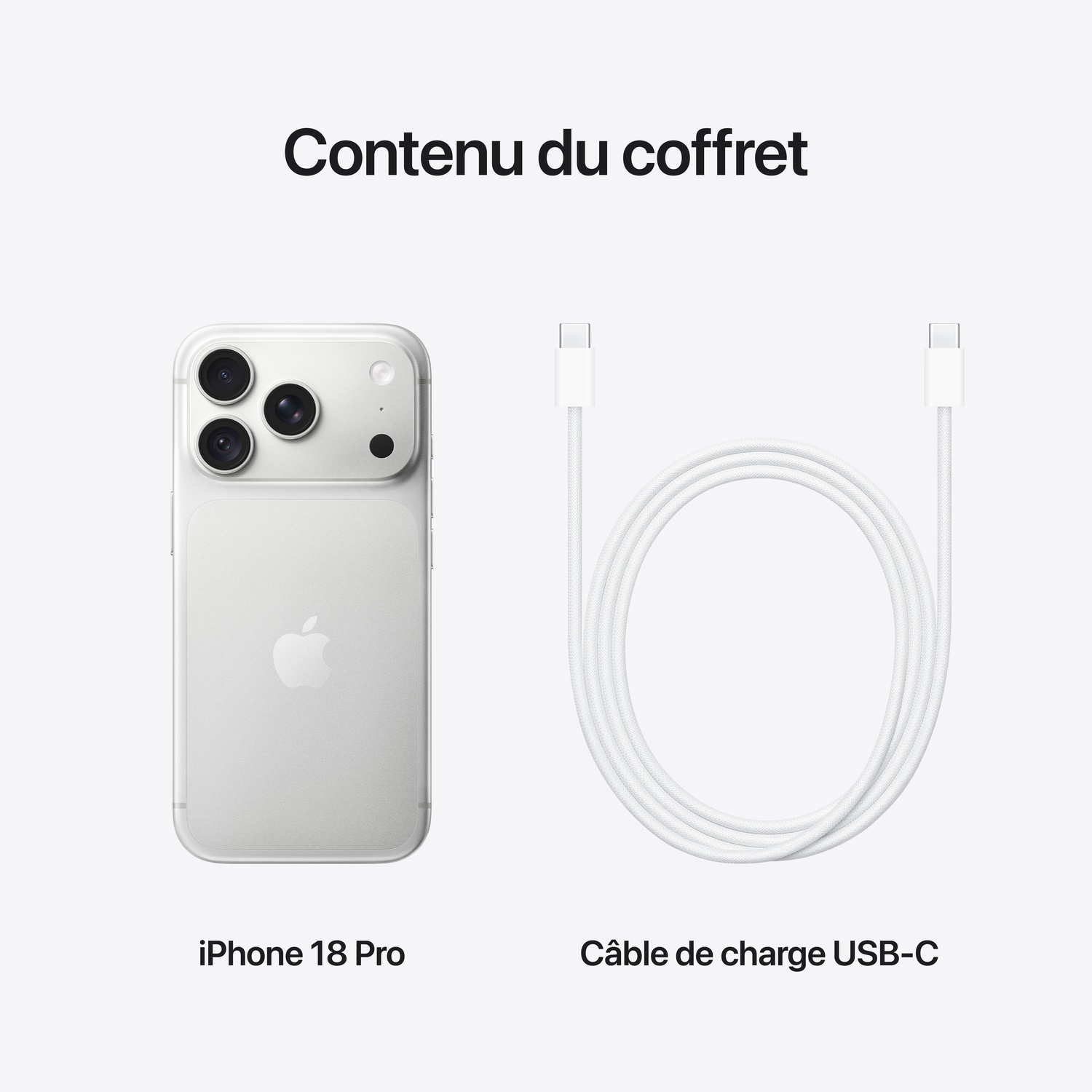 Contenu de la boîte montrant un iPhone 18 Pro blanc et un câble de charge USB-C sur fond clair.