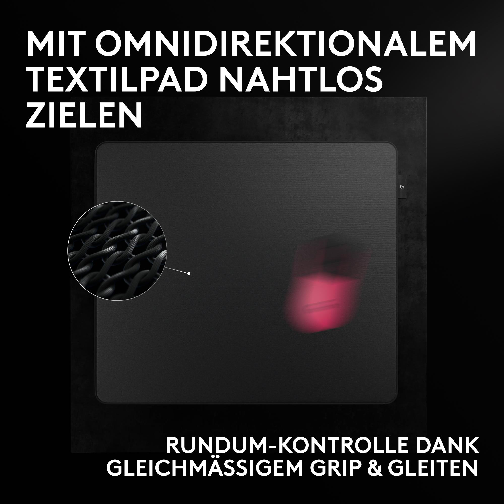 Schwarzes Mauspad mit flachem Textilpad, Detailansicht der Faserstruktur und roter Mausbewegung.