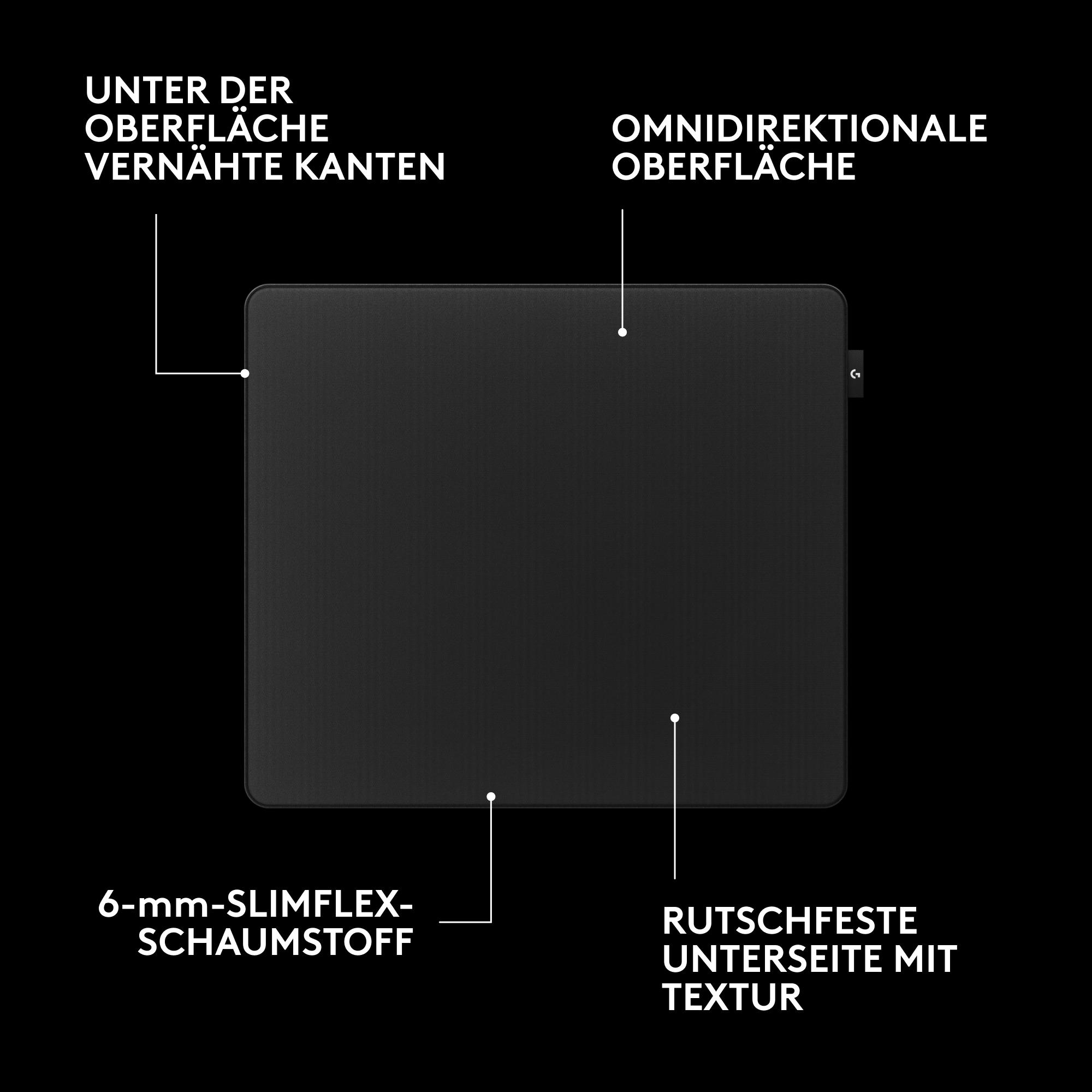 Schwarzes Mauspad mit Produktmerkmalen auf schwarzem Hintergrund.