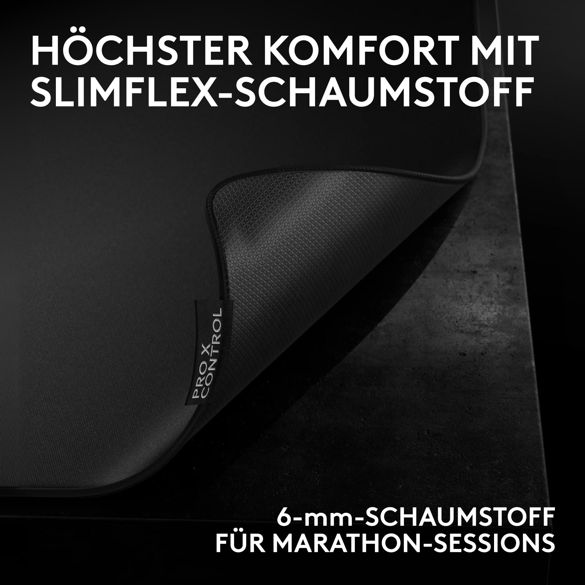 Schwarzes Mauspad mit Slimflex-Schaumstoff und weißem Text.