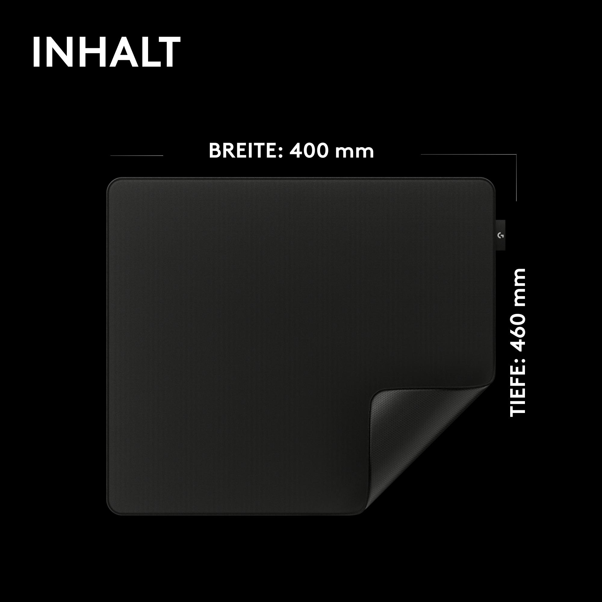 Ein schwarzes Mauspad mit den Maßen 400 mm Breite und 460 mm Tiefe auf schwarzem Hintergrund.