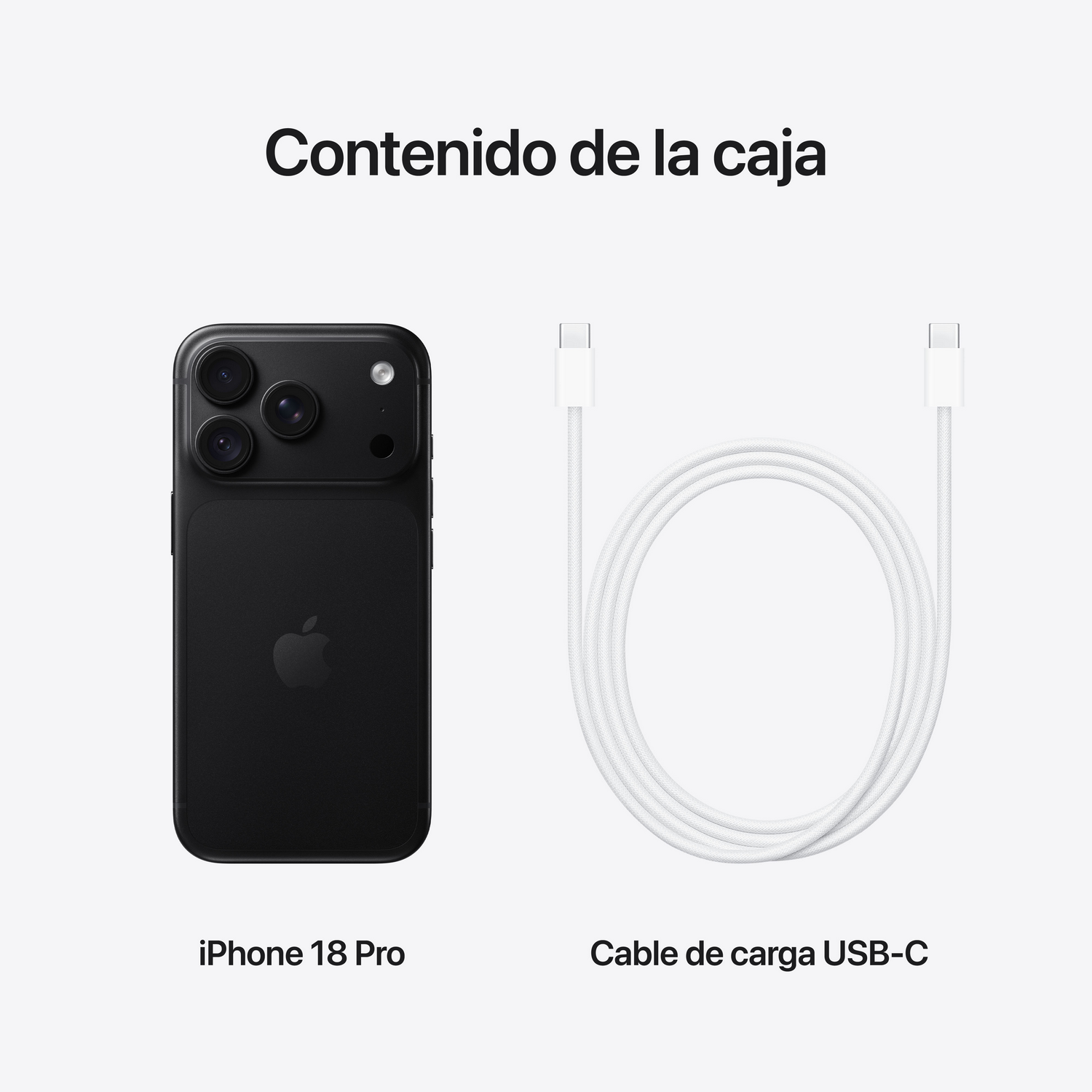 Un smartphone negro y un cable de carga USB-C blanco sobre fondo gris, con texto en español que indica el contenido.