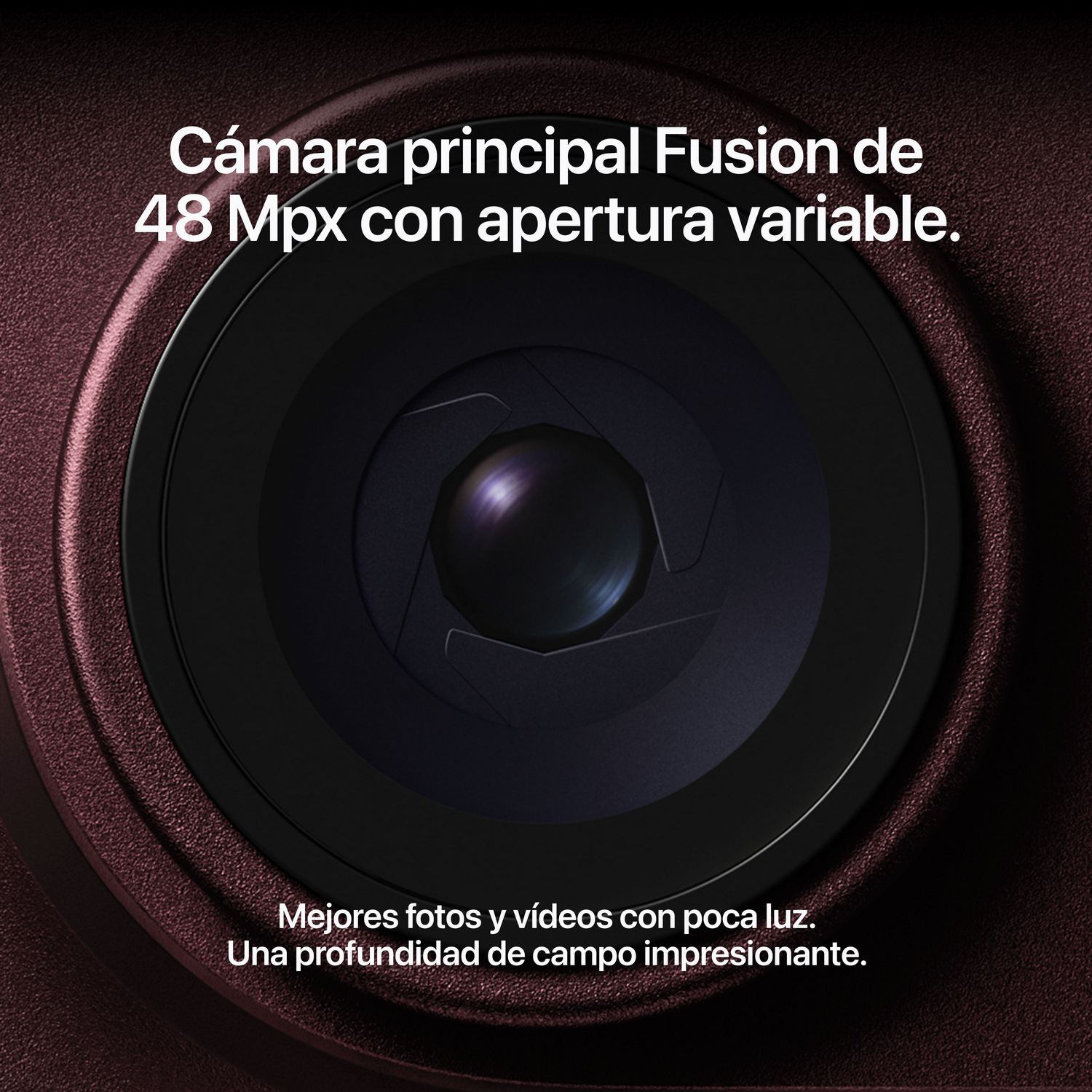 Primer plano de una lente de cámara de smartphone con apertura variable y texto.