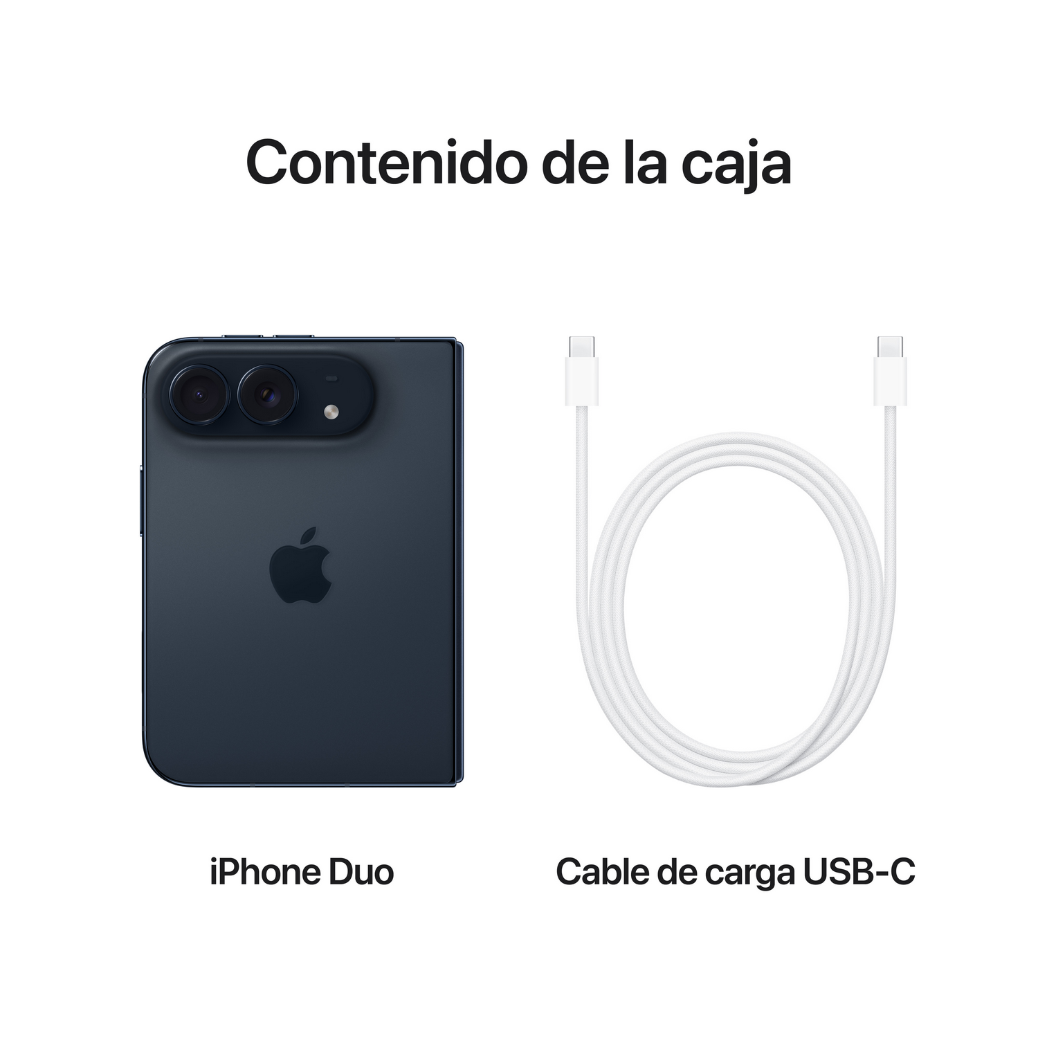 Contenido de la caja: Un iPhone Duo plegable azul oscuro y un cable de carga USB-C blanco.