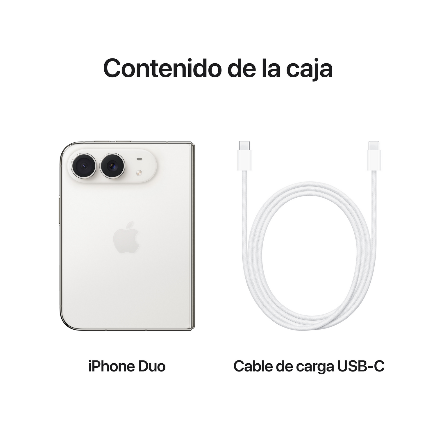 Contenido de la caja con un iPhone Duo blanco y un cable de carga USB-C sobre fondo blanco.