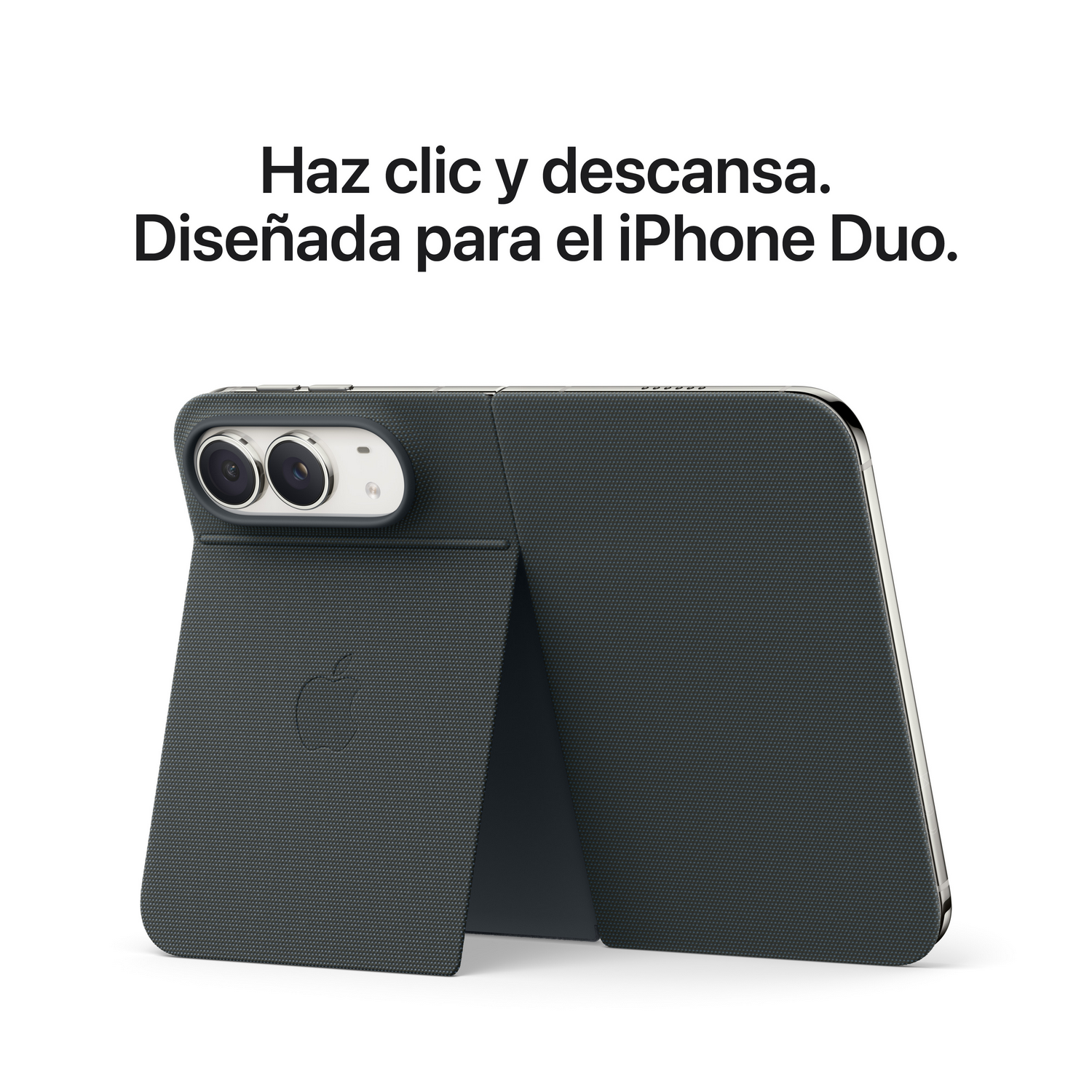 Un teléfono inteligente con soporte integrado y texto arriba sobre fondo blanco.