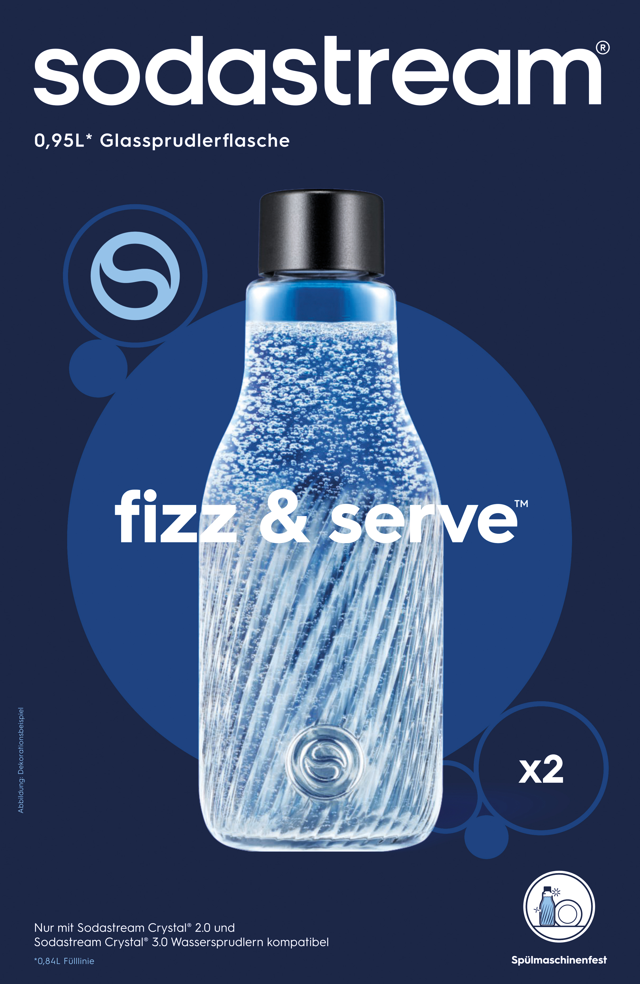 Sodastream 0,95L Glassprudlerflasche mit Kohlensäurebläschen auf dunkelblauem Hintergrund und Text.