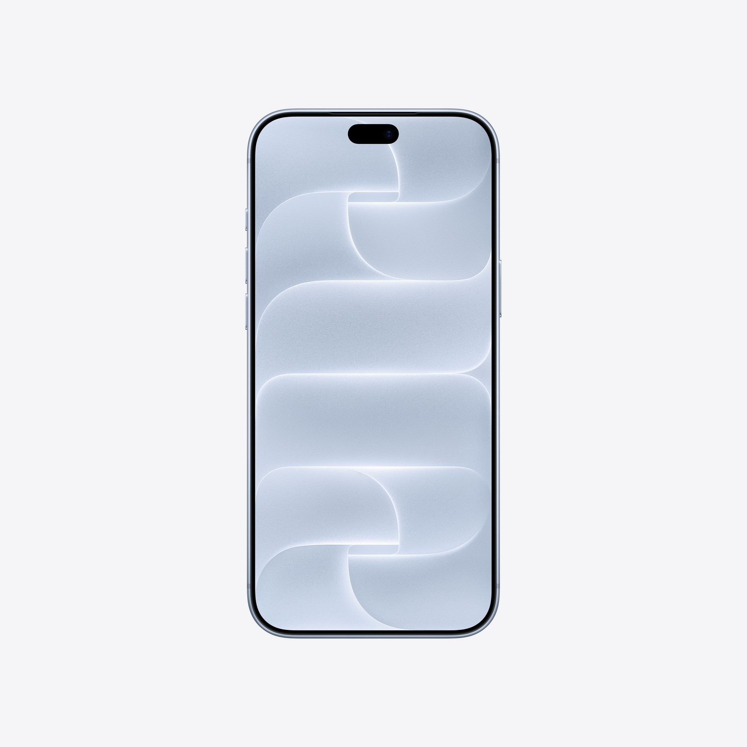 Un smartphone plateado con esquinas redondeadas muestra un patrón abstracto blanco y ondulado.