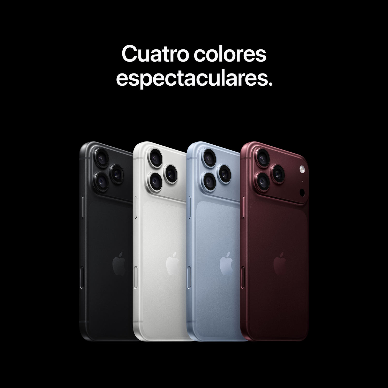 Cuatro iPhones en negro, plata, azul y rojo oscuro sobre fondo negro con texto.