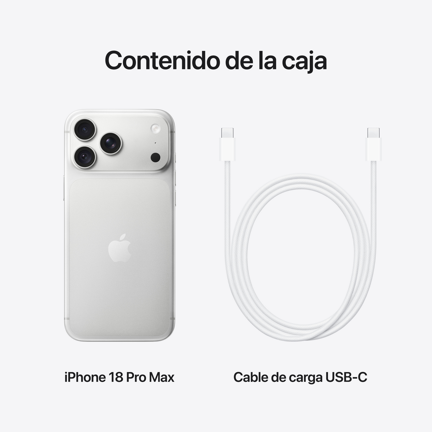 iPhone 18 Pro Max plateado y cable de carga USB-C blanco sobre fondo claro.
