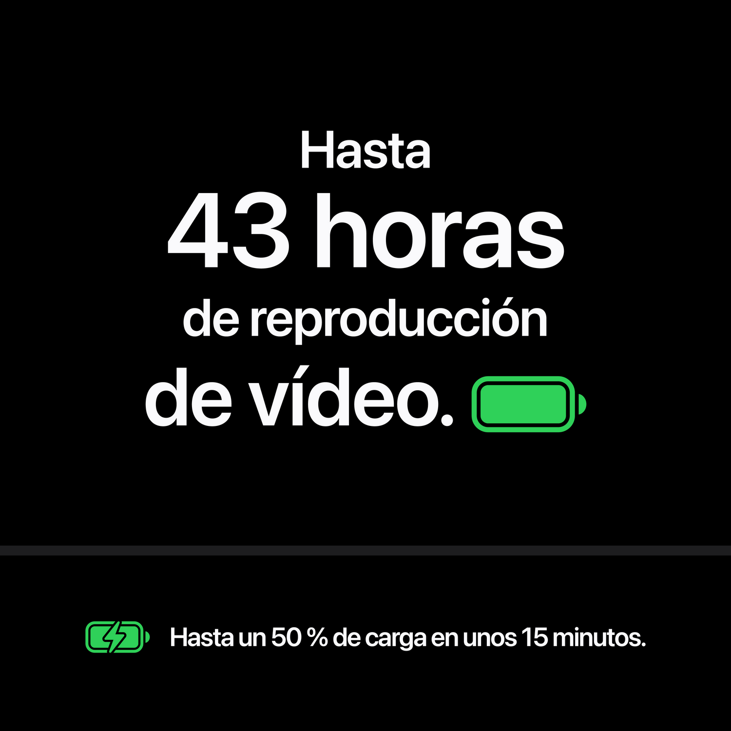 Hasta 43 horas de reproducción de vídeo y un 50 % de carga en 15 minutos.