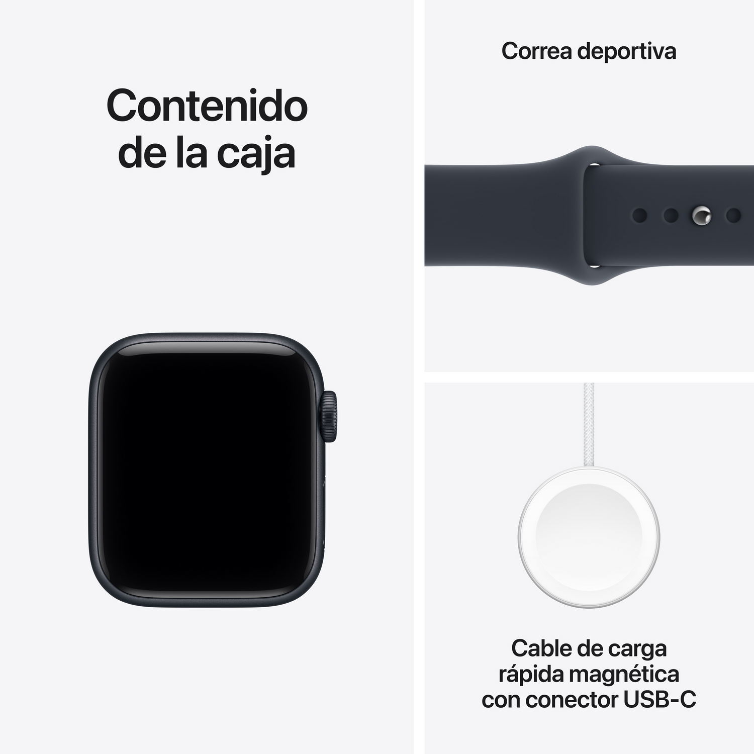 Contenido de la caja: reloj inteligente, correa deportiva y cable de carga rápida magnética con USB-C.
