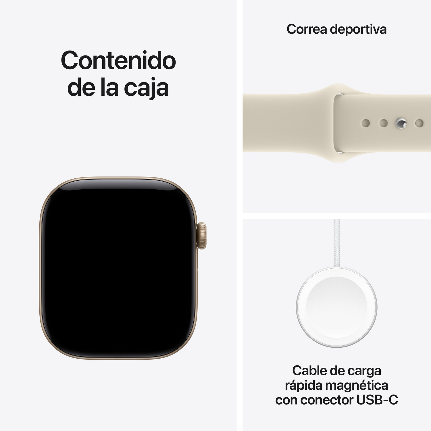 Contenido de la caja: smartwatch, correa deportiva y cable de carga rápida magnética USB-C.