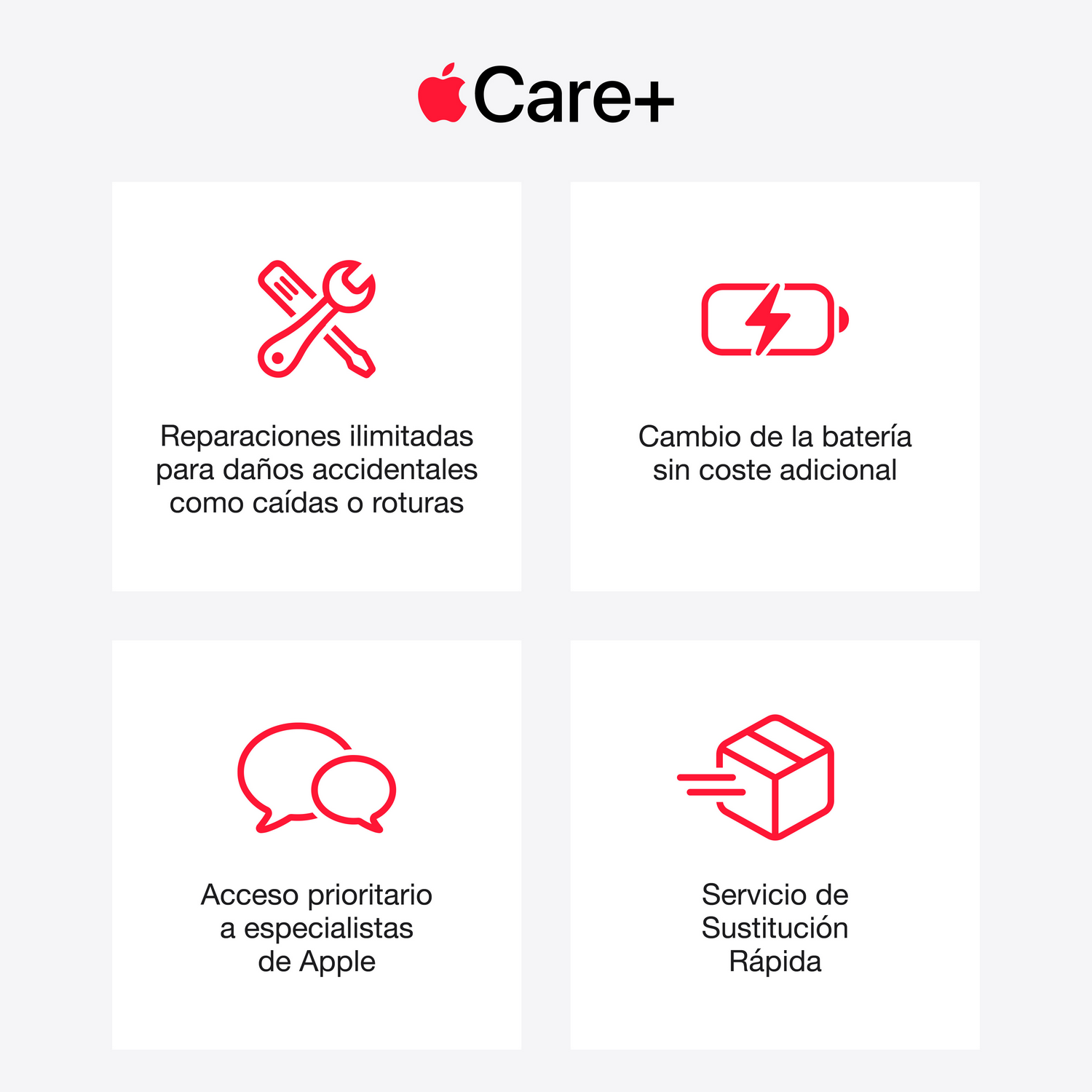 Funciones de AppleCare+: reparaciones ilimitadas, cambio de batería, soporte prioritario y reemplazo rápido.
