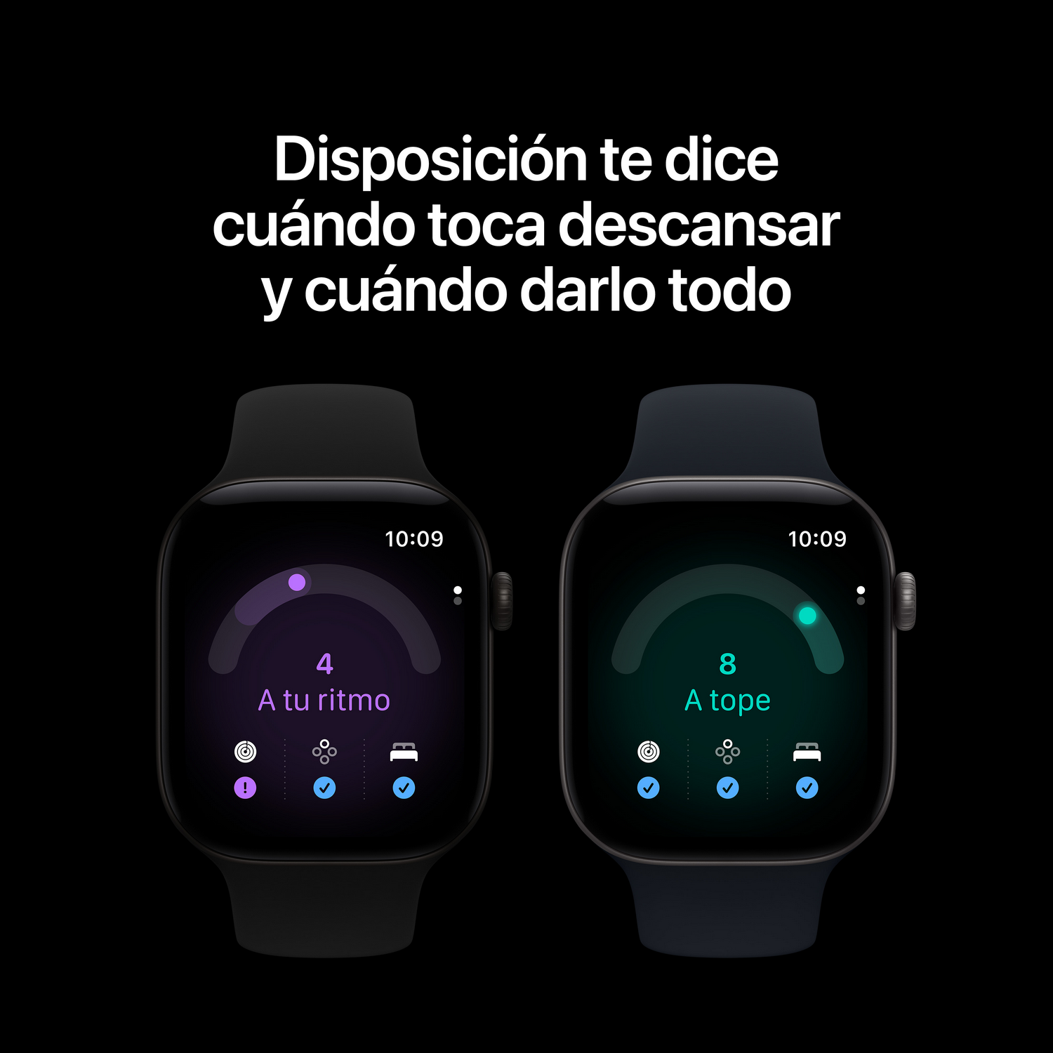 Dos smartwatches sobre fondo negro muestran métricas de estado físico y descanso.