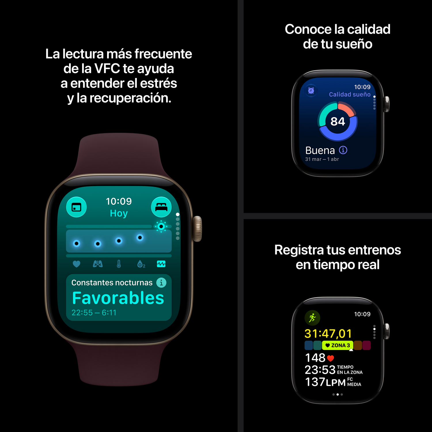 Tres relojes inteligentes que muestran funciones de seguimiento de salud y fitness sobre fondo negro.